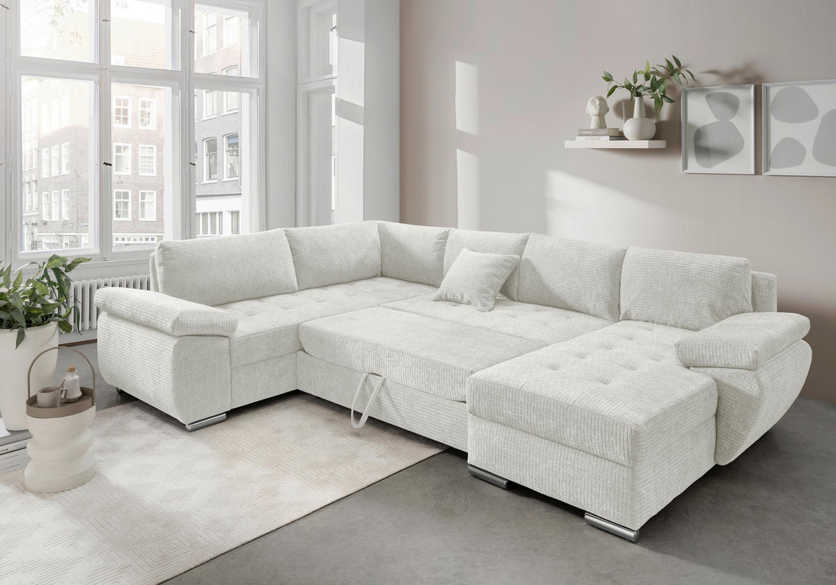 Wohnlandschaft Creme Mikrofaser  - Chromfarben/Creme, KONVENTIONELL, Textil/Metall (219/305/157cm) - Livetastic
