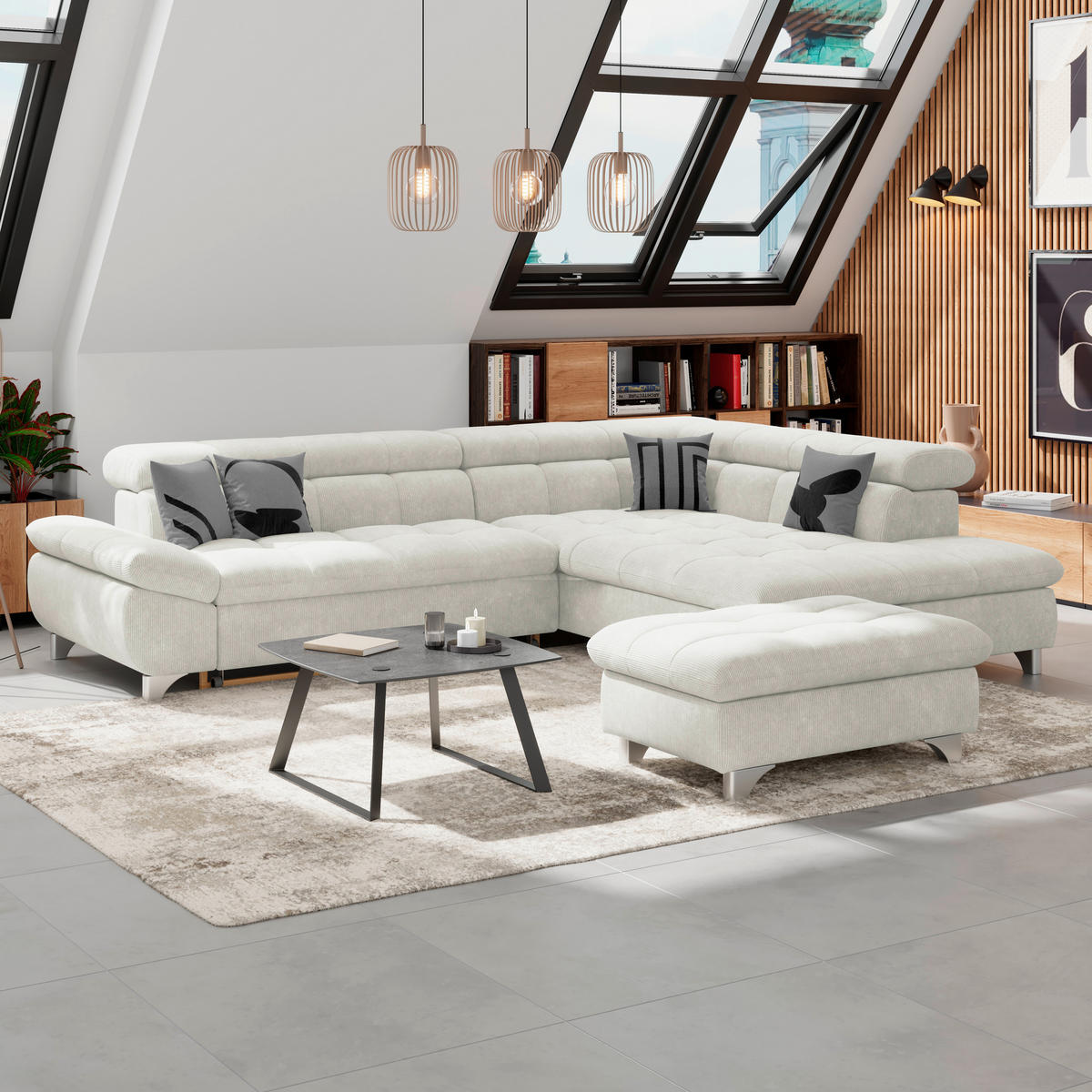 ECKSOFA Creme Chenille  - Chromfarben/Creme, KONVENTIONELL, Textil/Metall (312/234cm) - Livetastic
