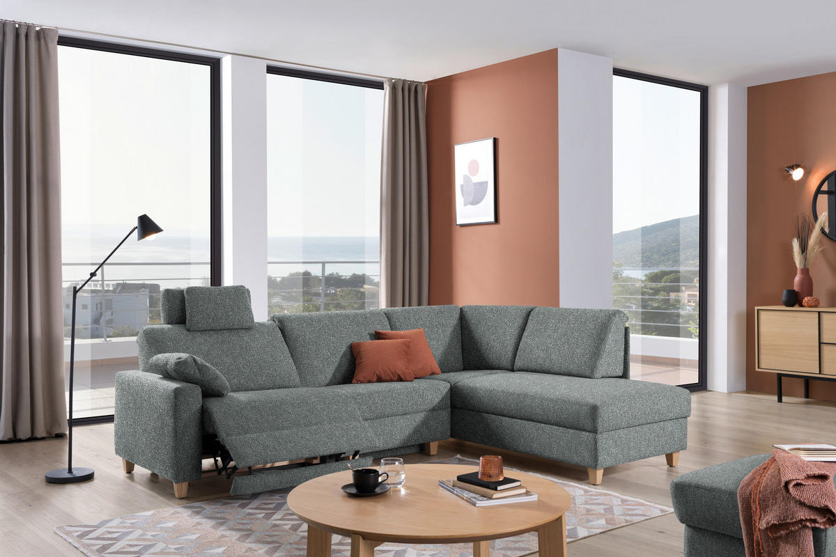 ECKSOFA  in Mikrovelours Graugrün  261/203 cm  - Eichefarben/Graugrün, KONVENTIONELL, Holz/Textil (261/203cm) - Sedda