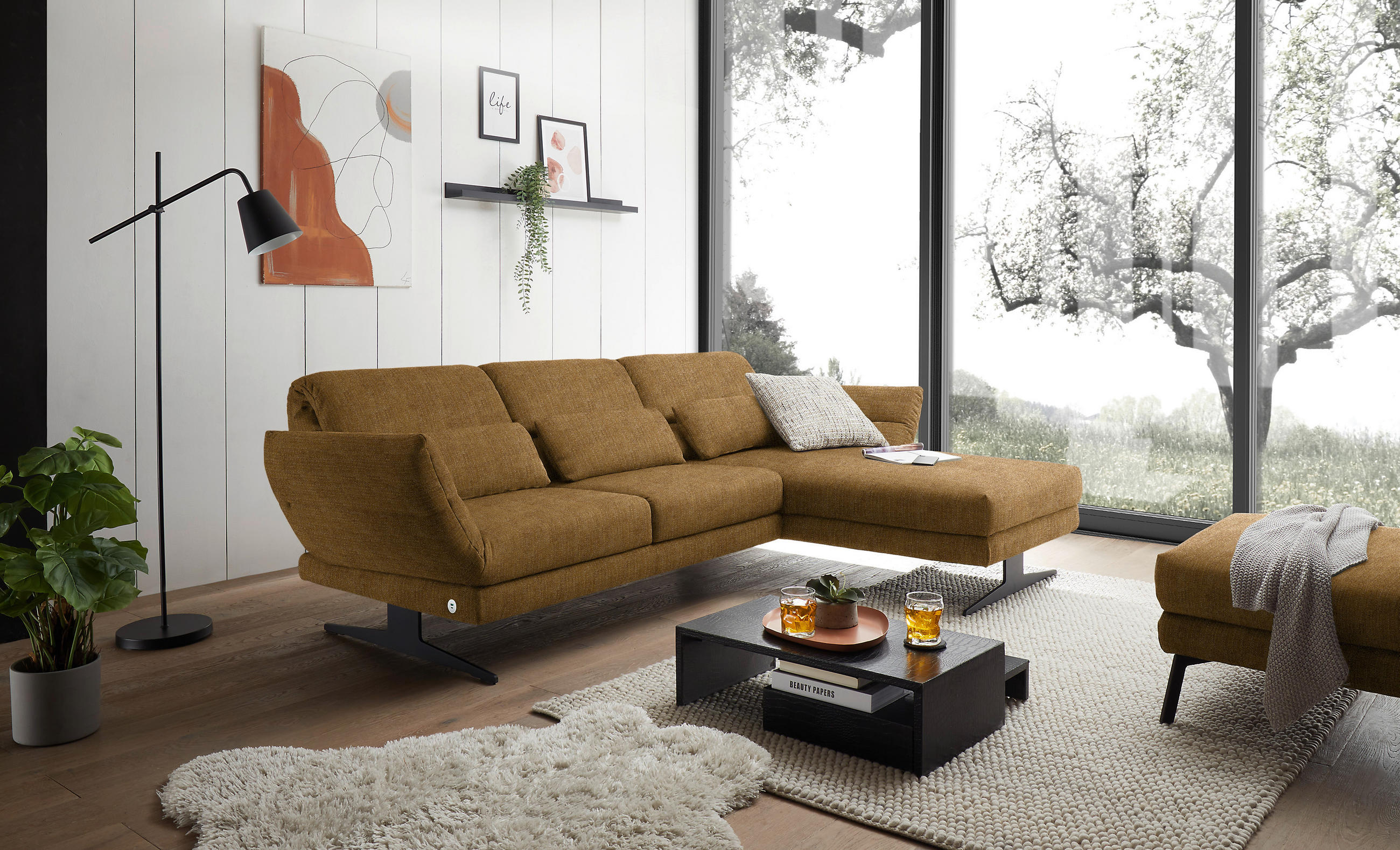 ECKSOFA in Flachgewebe Goldfarben  - Goldfarben/Schwarz, Design, Textil/Metall (279-327/176-217cm) - Dieter Knoll