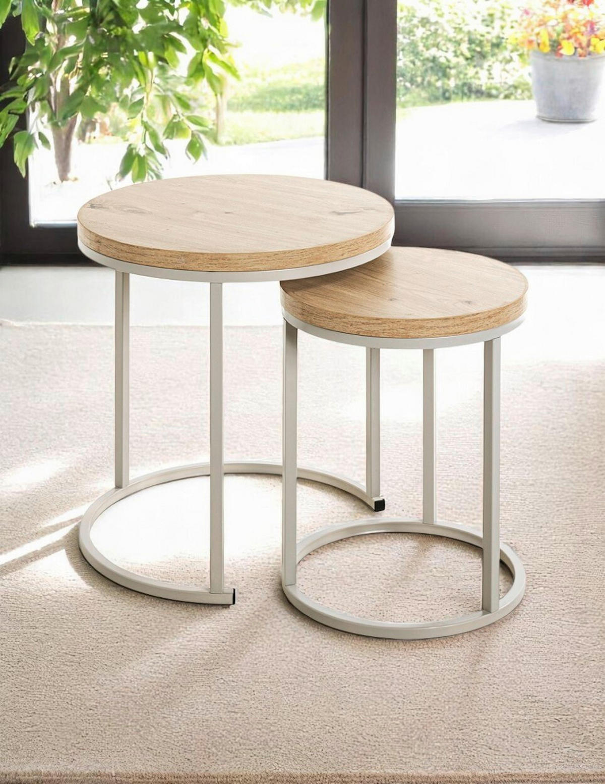 BEISTELLTISCHSET rund Grau, Eichefarben  - Eichefarben/Grau, Trend, Holzwerkstoff/Metall (32-45/32-45/43-49cm)
