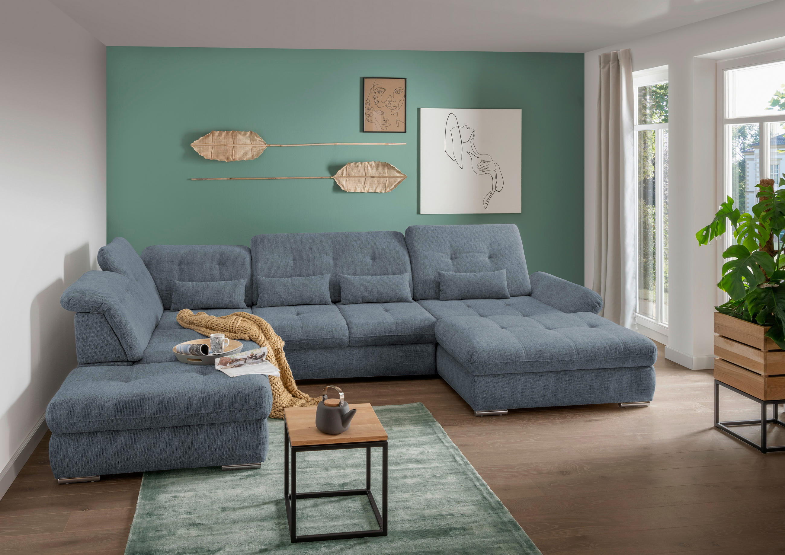 WOHNLANDSCHAFT in Chenille Hellblau  - Chromfarben/Hellblau, Design, Textil/Metall (254/376/195cm) - Livetastic