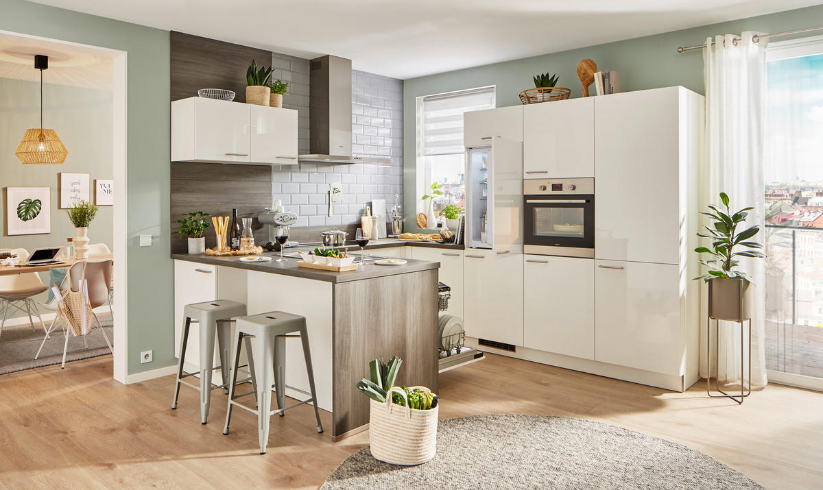 KÜCHENLEERBLOCK   in Eichefarben, Weiß Hochglanz  - Edelstahlfarben/Eichefarben, MODERN, Holzwerkstoff/Metall (305/255/185cm) - Welnova