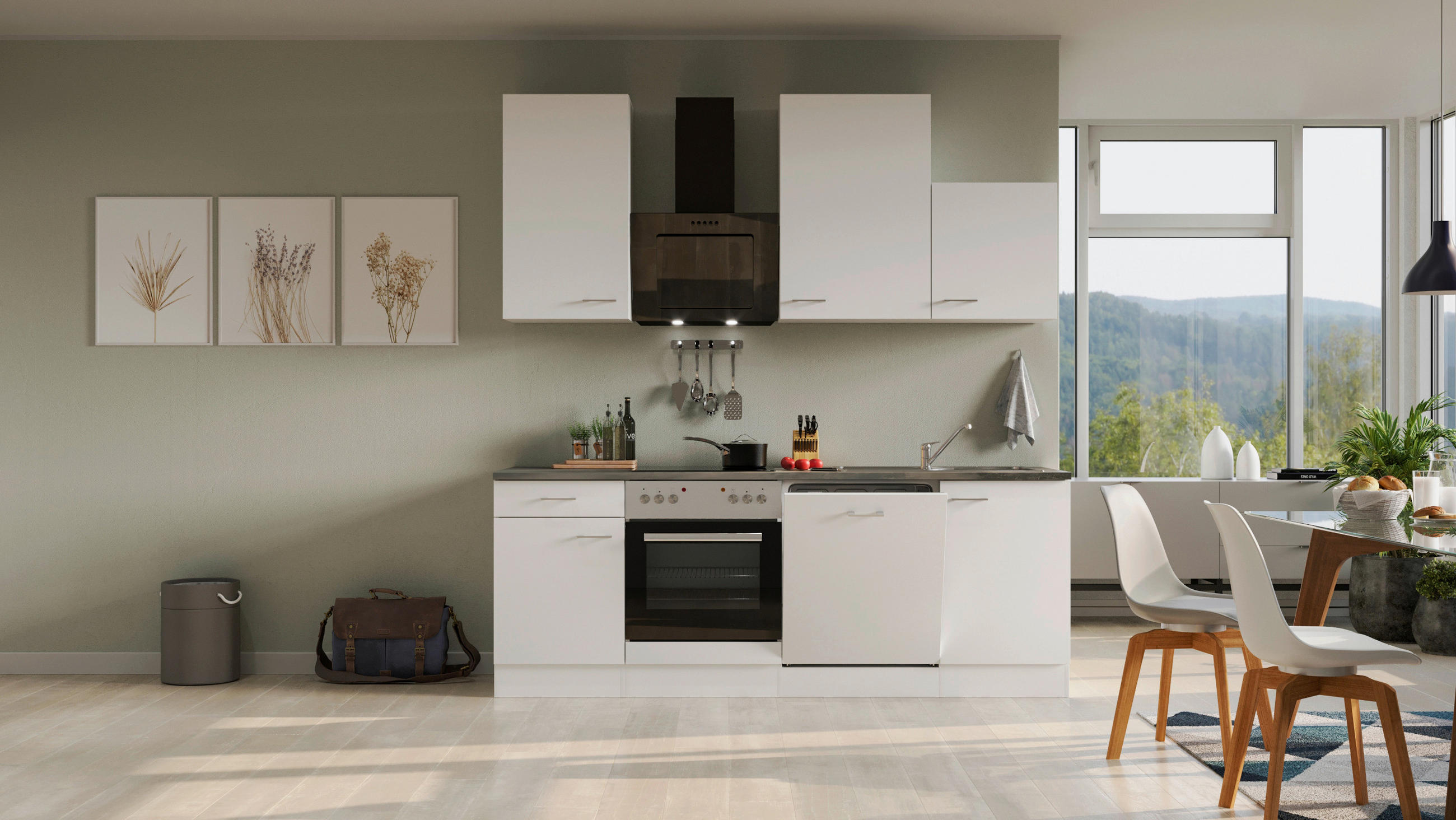 KÜCHENBLOCK 220 cm in Weiß - Graubraun/Alufarben, MODERN, Holzwerkstoff/Kunststoff (220cm) - FlexWell