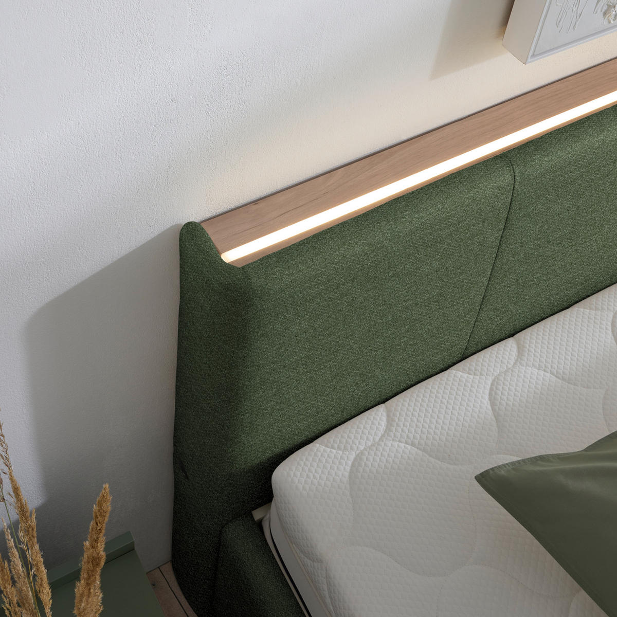 POLSTERBETT Beleuchtung, Lattenrost, Bettkasten Grün 160/200 cm  - Birkefarben/Hickory, Design, Holz/Holzwerkstoff (160/200cm) - Lomoco
