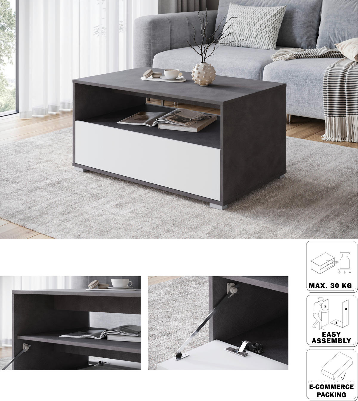 COUCHTISCH in Holzwerkstoff  - Weiss/Anthrazit, Trend, Holzwerkstoff/Kunststoff (90/45/55cm) - Livetastic