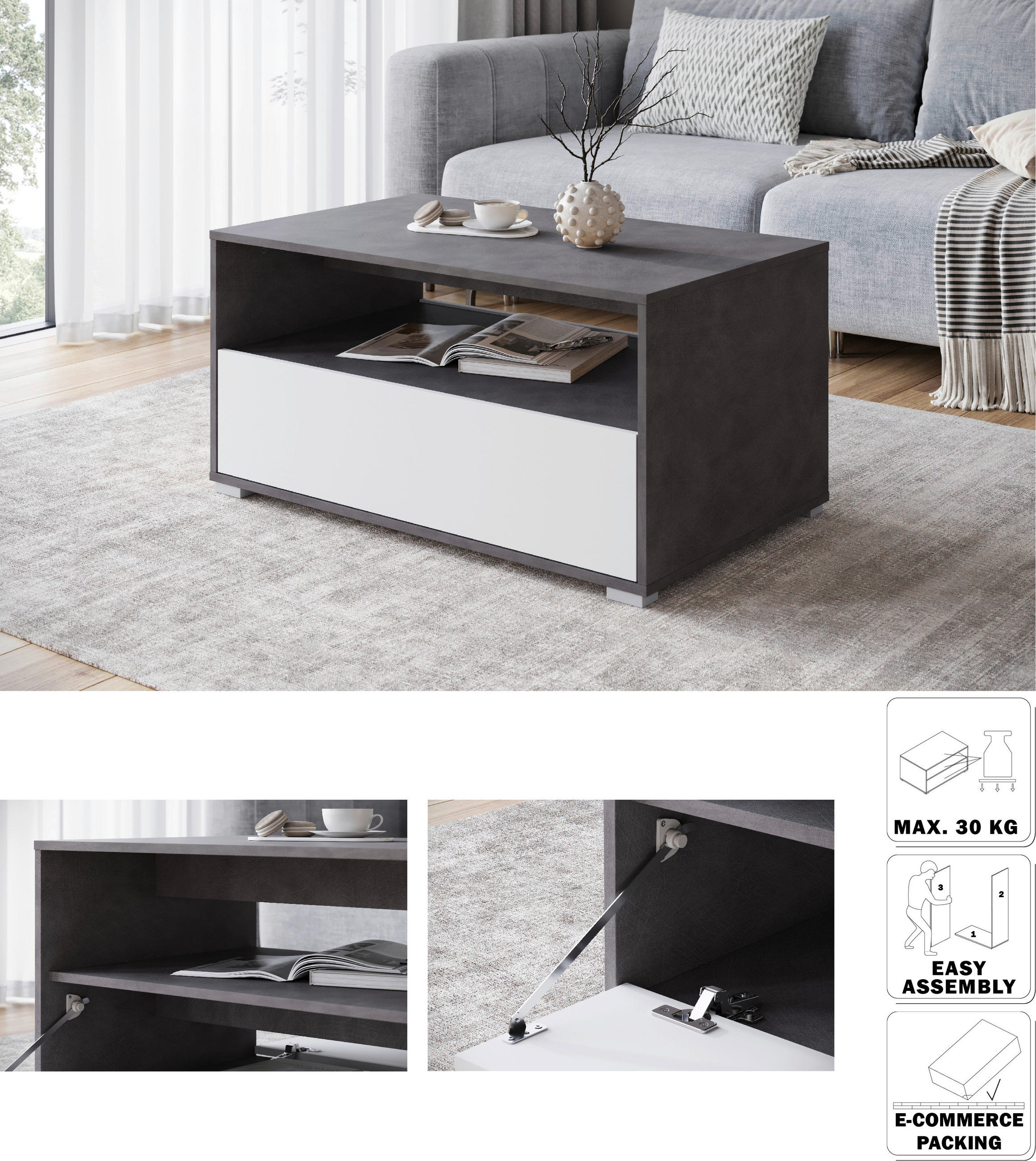 Thumbnail - P & B Couchtisch Narobi, Anthrazit, Weiß, Holzwerkstoff, rechteckig, eckig, 45x55x90 cm, Fsc, Stauraum, offenes Fach, ei...