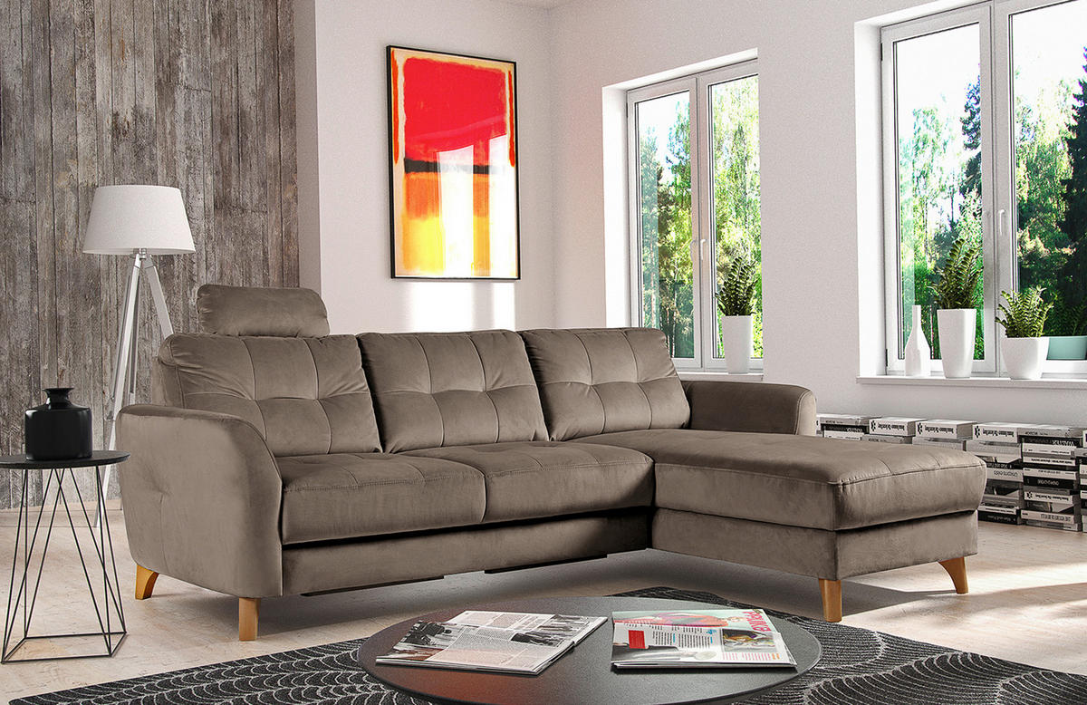 ECKSOFA in Samt Beige  - Beige/Buchefarben, Design, Holz/Textil (238/168cm) - Livetastic