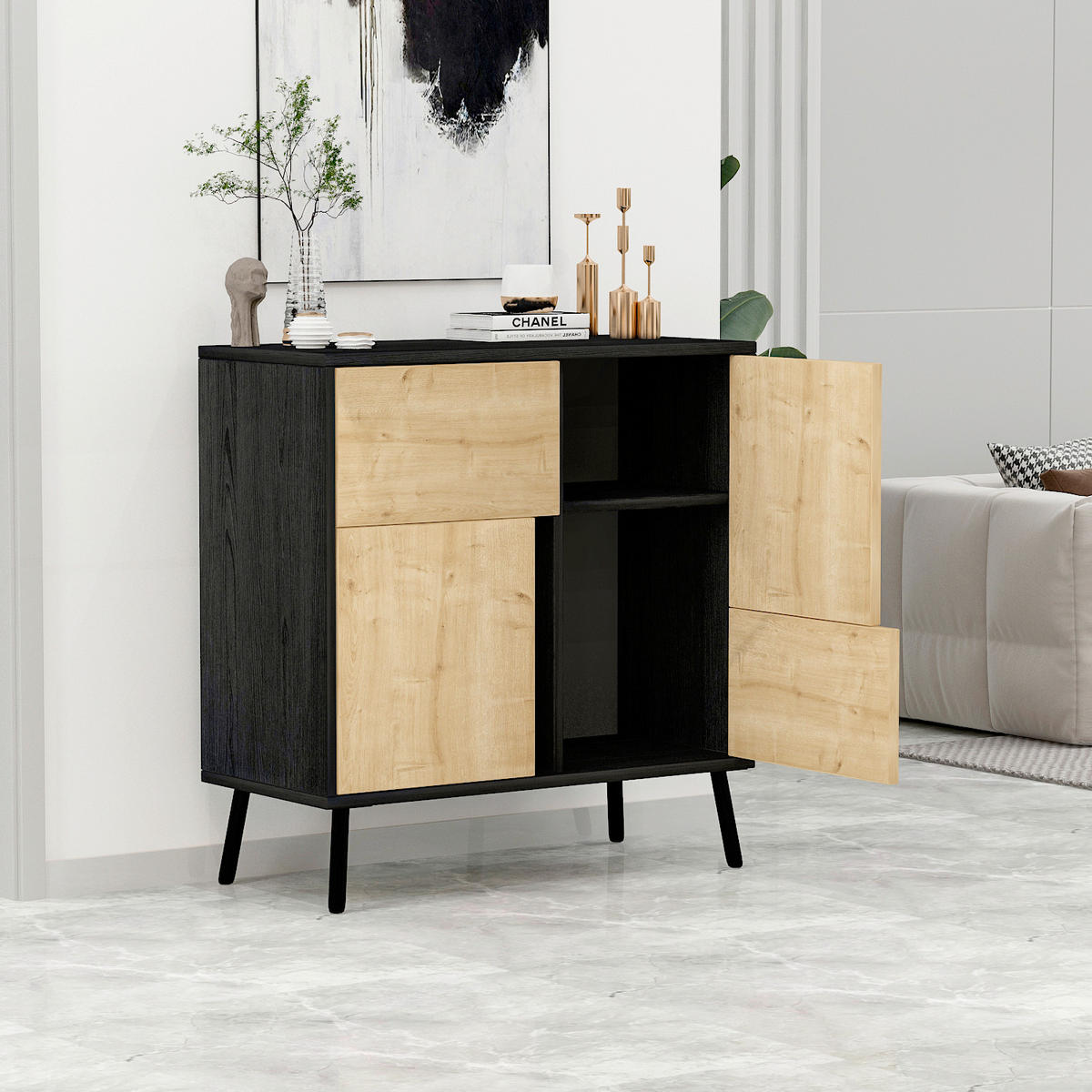 KOMMODE , 35/79/76,5 cm,  - Eichefarben/Schwarz, Design, Holz/Metall (35/79/76,5cm) - Livetastic