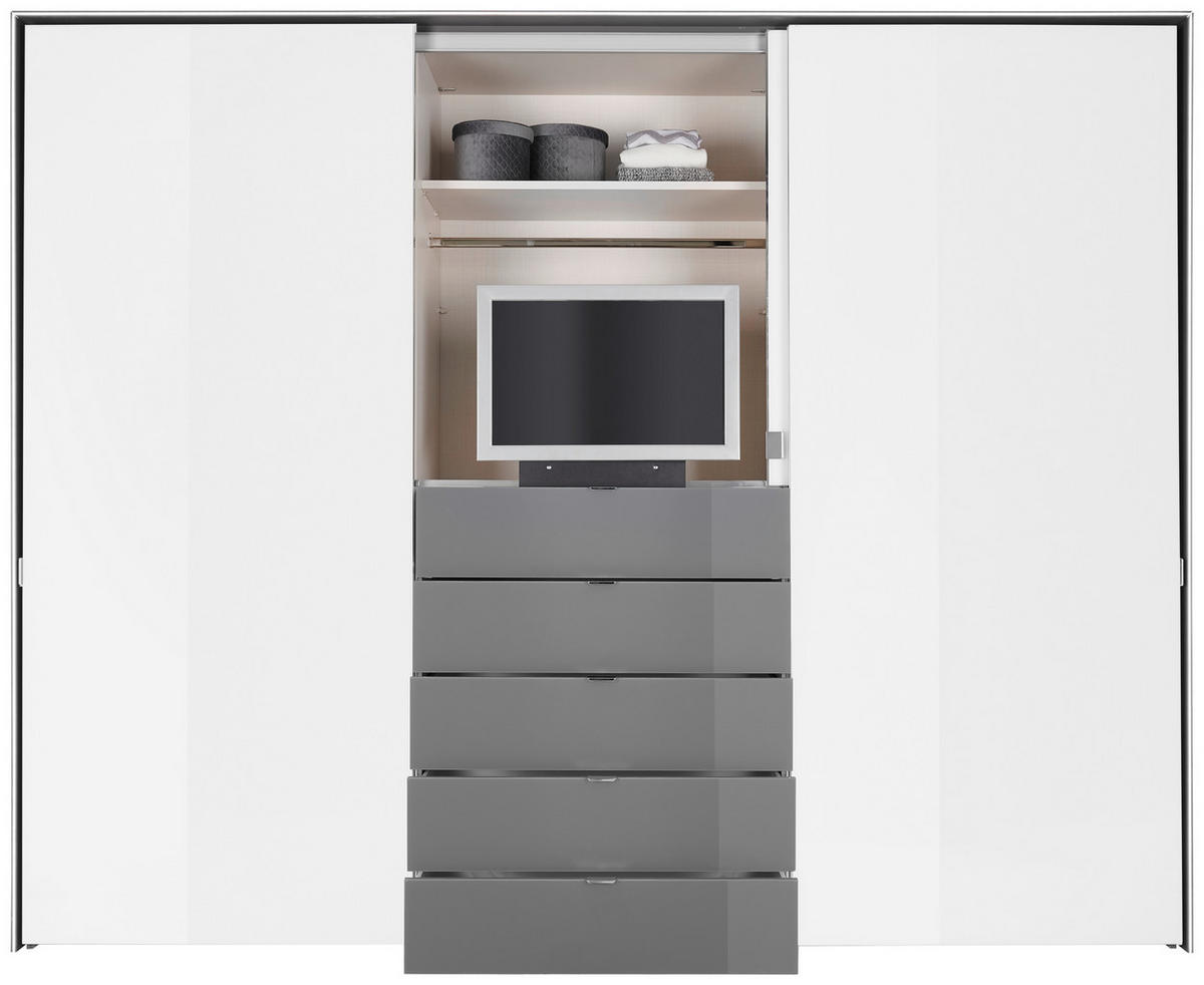 SCHWEBETÜRENSCHRANK in Grau, Weiss  - Chromfarben/Weiss, Design, Glas/Holzwerkstoff (280/222/68cm) - Moderano