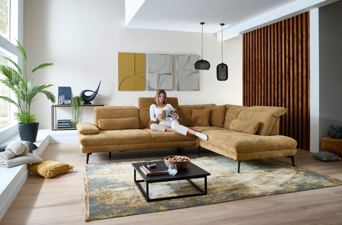 ECKSOFA Beldomo System Dunkelgelb Chenille Rücken echt, Kopfteilverstellung  - Dunkelgelb/Schwarz, Design, Textil/Metall (311/235cm) - Beldomo System