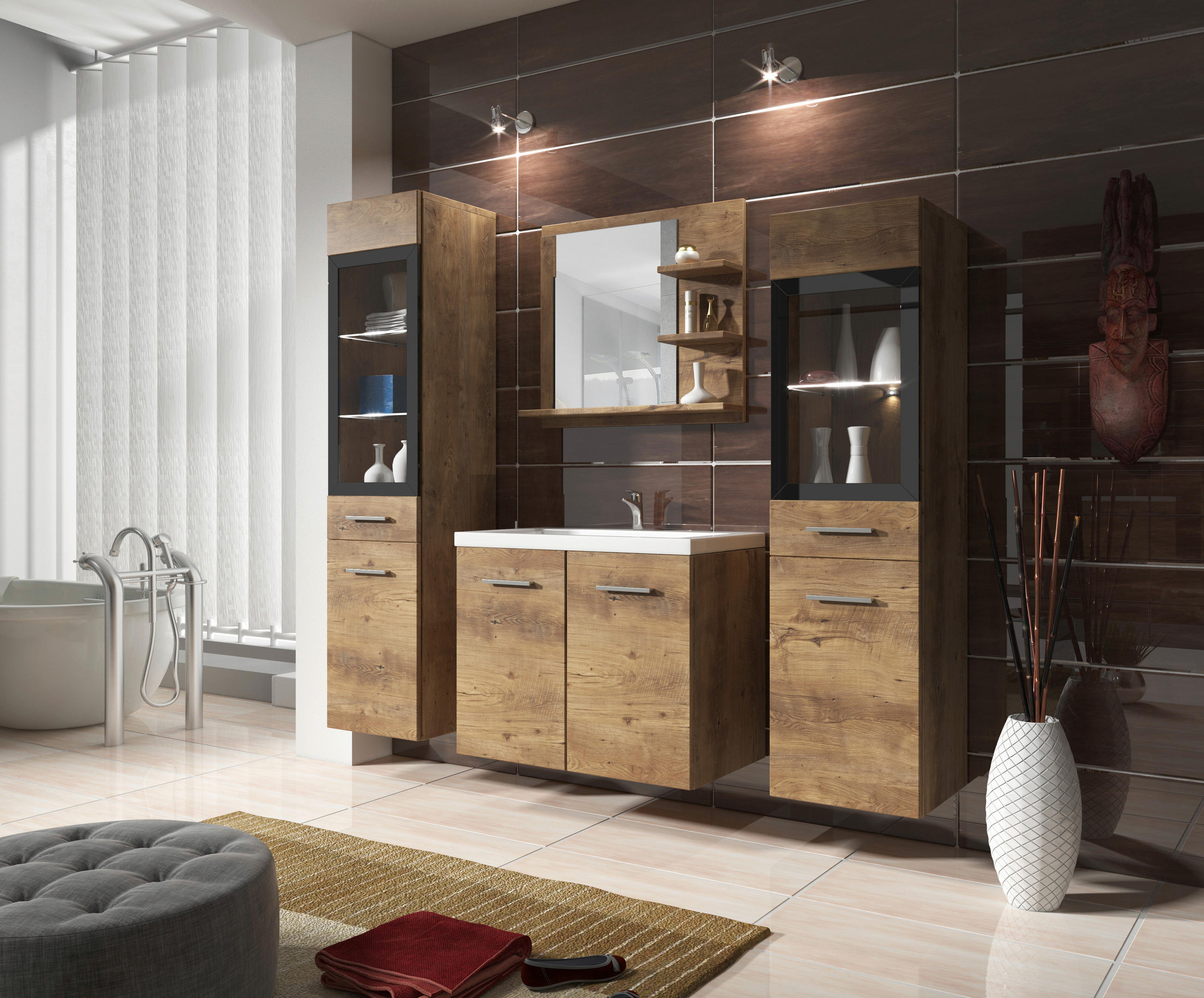 BADEZIMMER 5-teilig  in 120 cm  - Kastanienfarben/Kastanieneichefarben, LIFESTYLE, Glas/Holzwerkstoff (120cm) - P & B