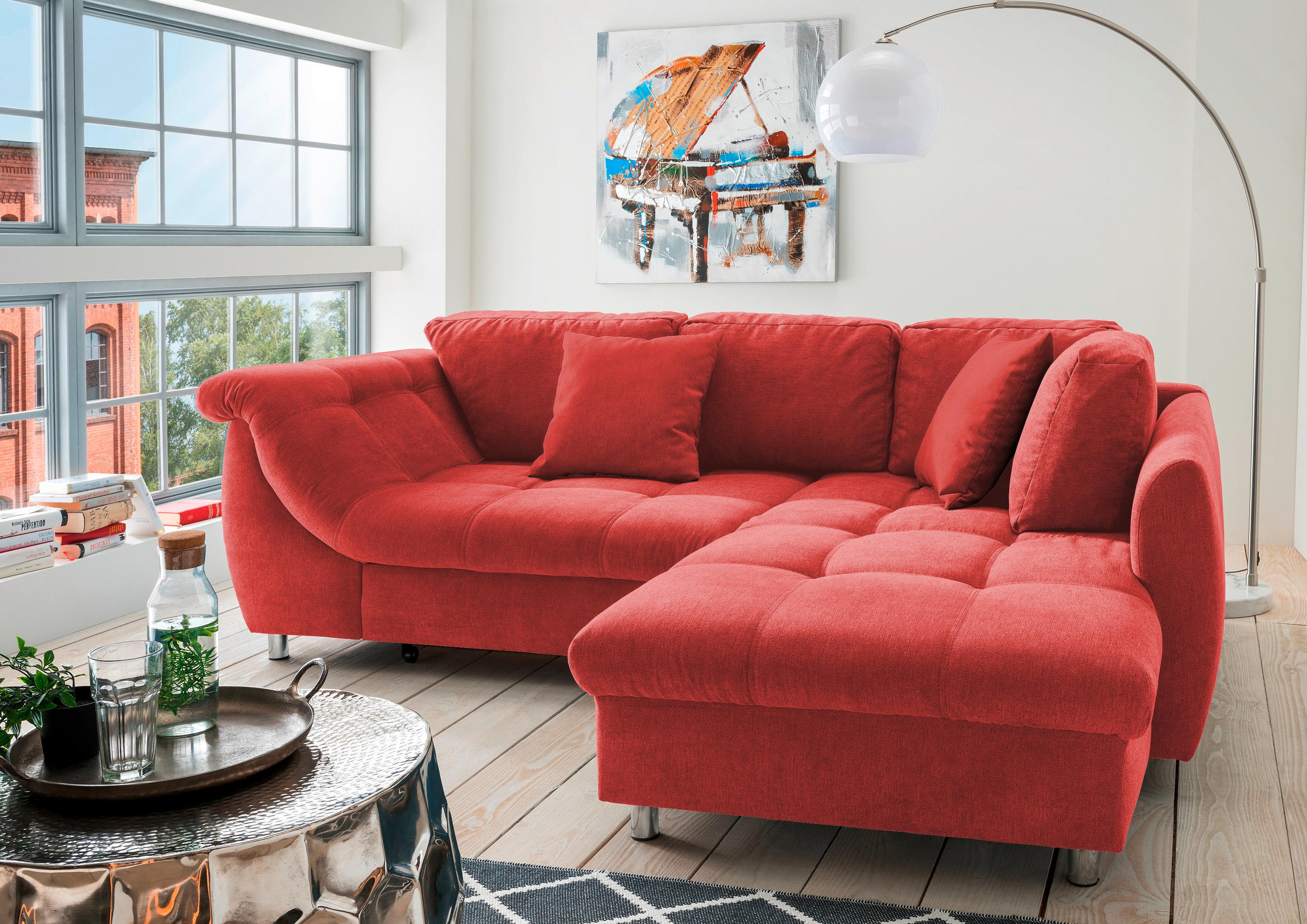 ECKSOFA Rot Mikrofaser  - Chromfarben/Rot, Design, Kunststoff/Textil (250/190cm) - Livetastic