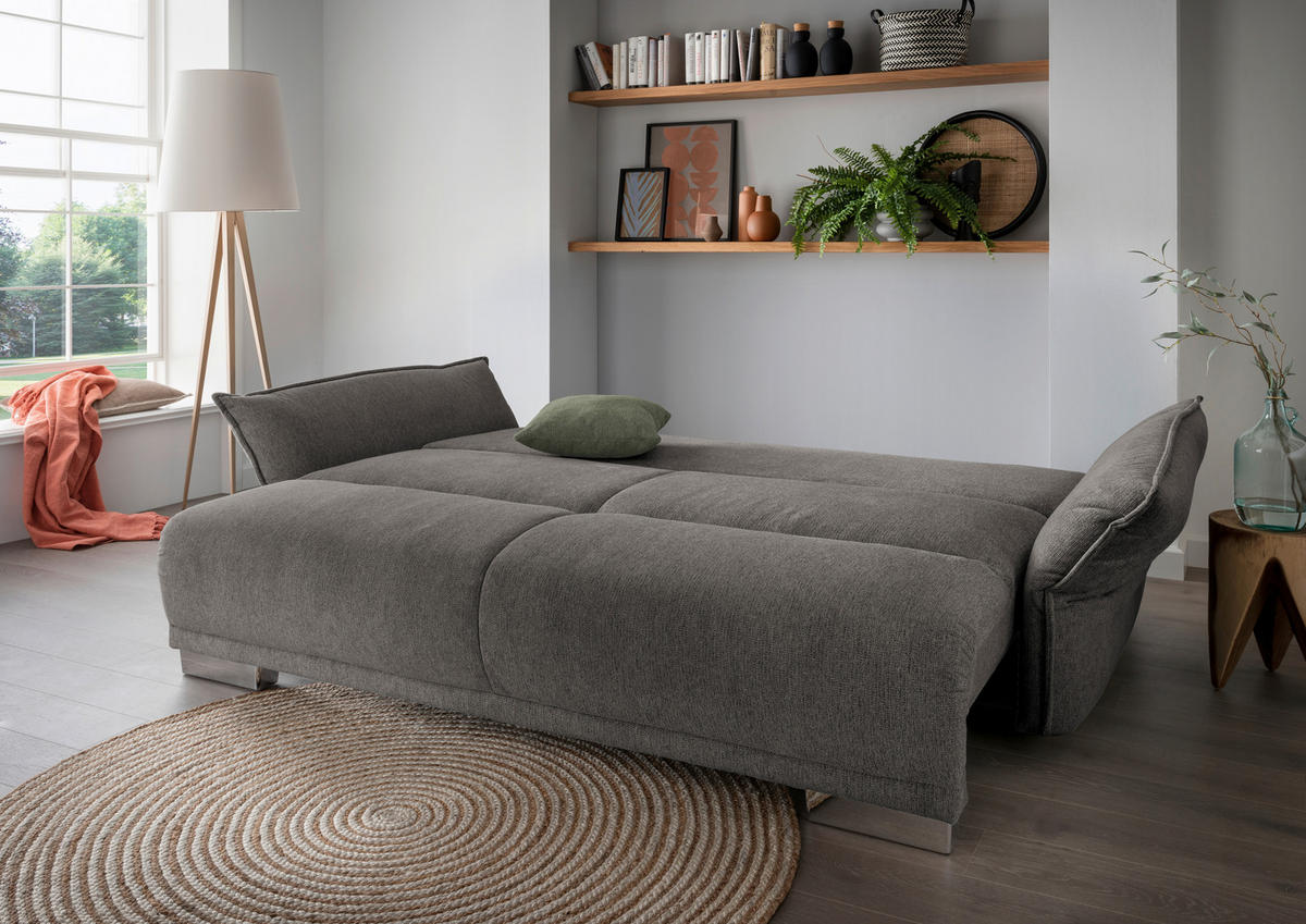 BIGSOFA in Chenille Graubraun  - Chromfarben/Dunkelgrün, Modern, Kunststoff/Textil (242/71/90/131cm) - Livetastic