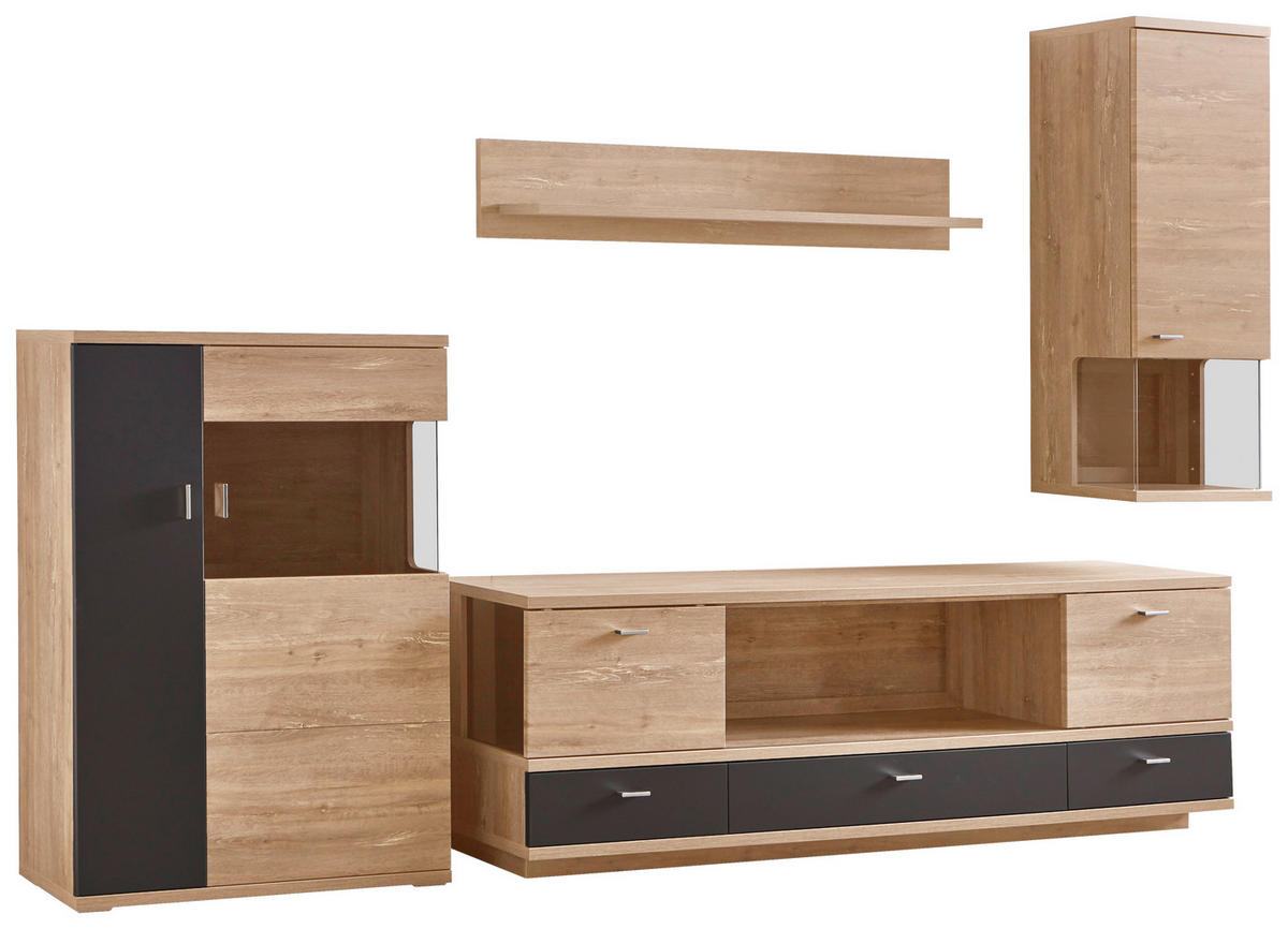 REGAL ZA DNEVNI BORAVAK boje hrasta, tamno siva   - srebrne boje/boje hrasta, Design, staklo/drvni materijal (324,6/204,2/45cm) - Stylife