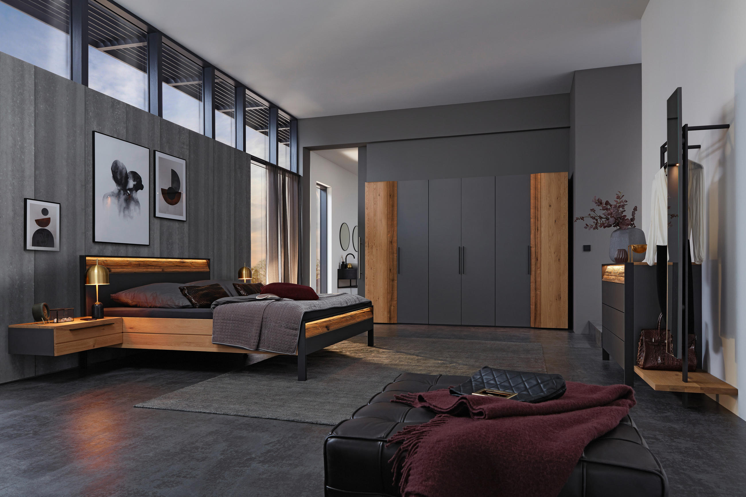SCHLAFZIMMER Graphitfarben, Eichefarben  - Eichefarben/Graphitfarben, Design, Holz/Holzwerkstoff (180/200cm) - Musterring