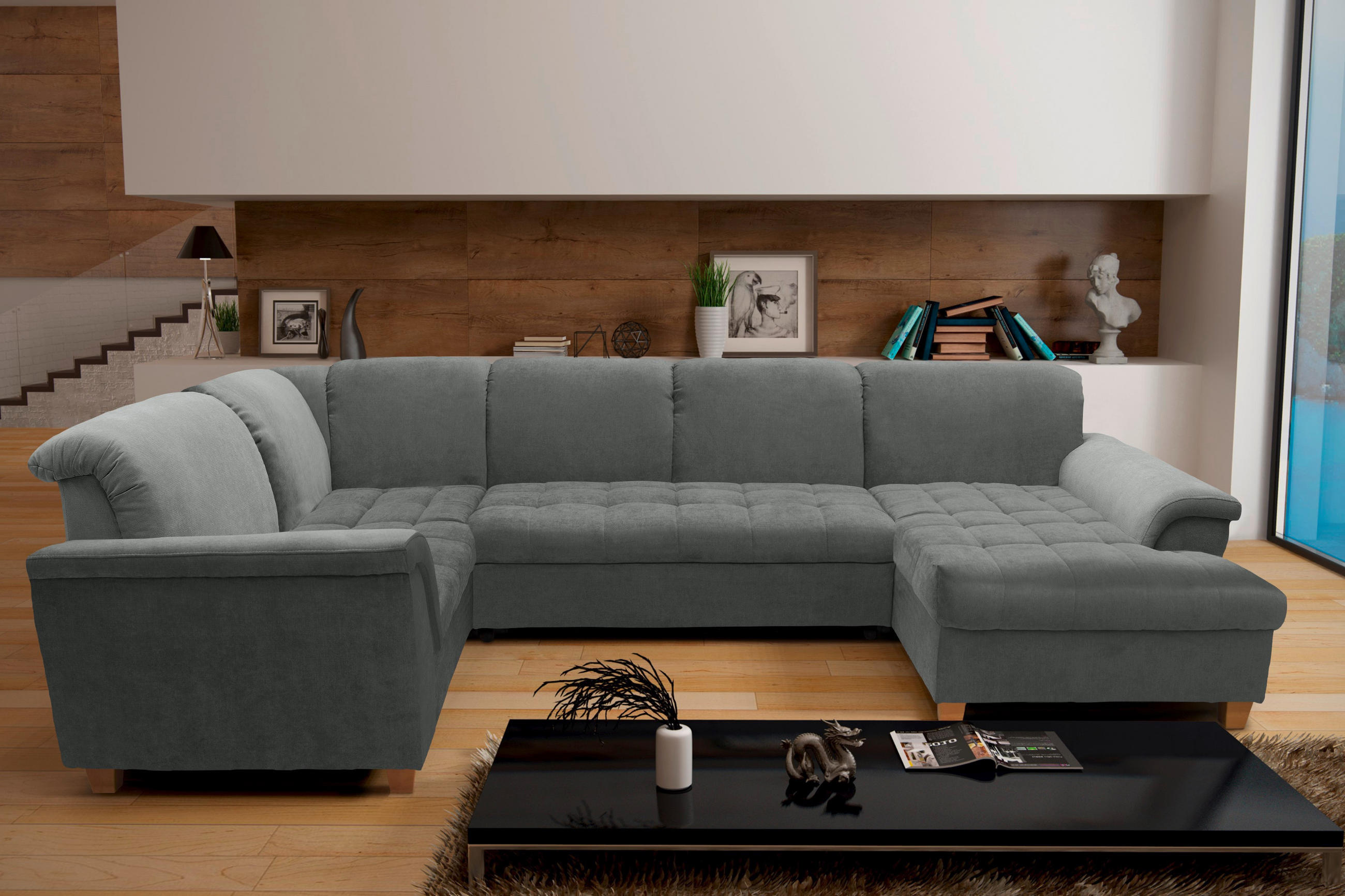 WOHNLANDSCHAFT Dunkelgrau Mikrofaser  - Eichefarben/Dunkelgrau, KONVENTIONELL, Holz/Textil (214/352/170cm) - MID.YOU