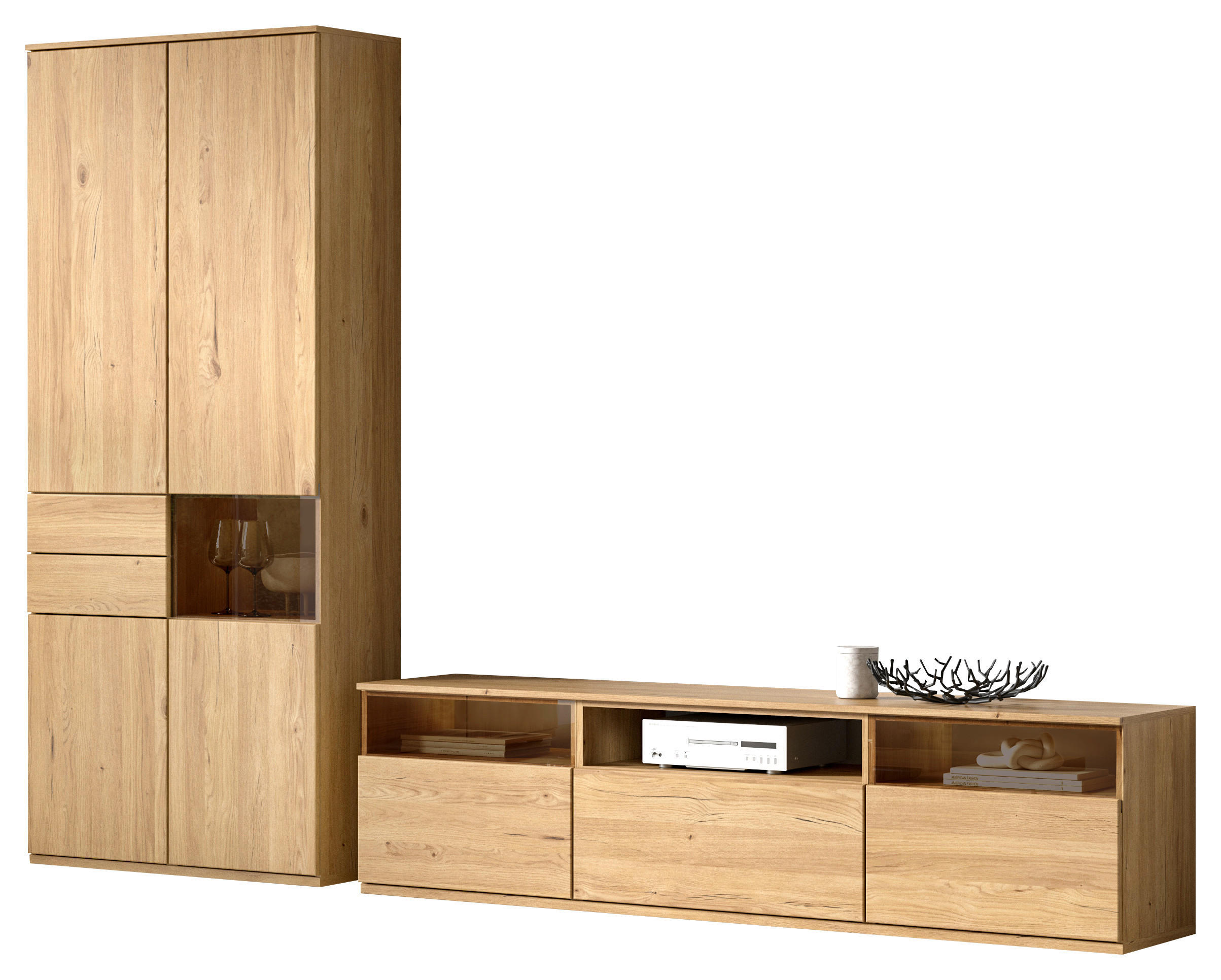 WOHNWAND  in Eichefarben  300/215/45 cm  - Eichefarben/Schwarz, KONVENTIONELL, Glas/Holzwerkstoff (300/215/45cm) - Venda