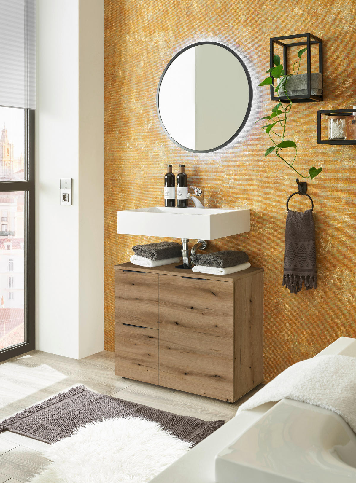 WASCHBECKENUNTERSCHRANK 70/60/35 cm  - Eichefarben/Schwarz, KONVENTIONELL, Holzwerkstoff/Kunststoff (70/60/35cm) - Xora
