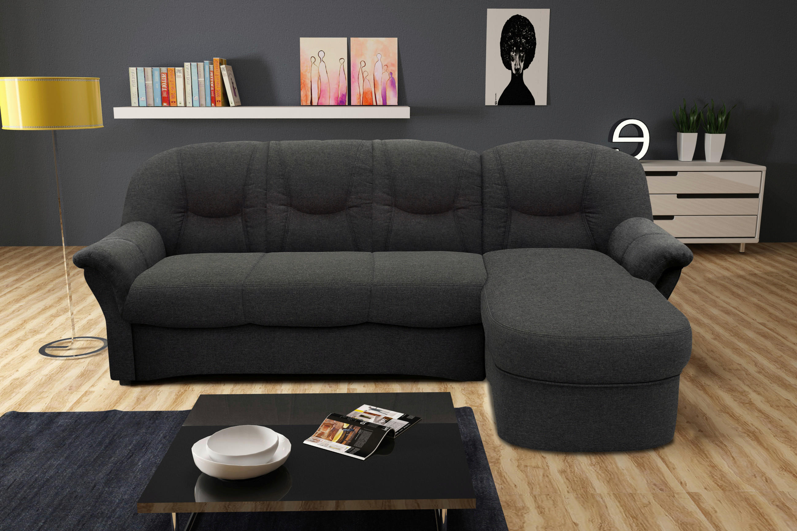 ECKSOFA in Webstoff Grau  233/142 cm  - Schwarz/Grau, KONVENTIONELL, Kunststoff/Textil (233/142cm) - MID.YOU