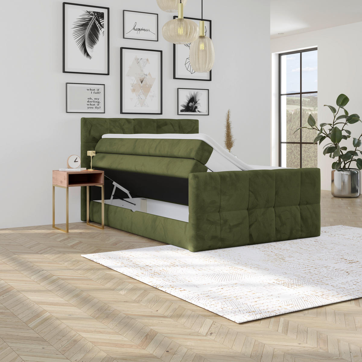 BOXSPRINGBETT 140/200 cm,  in Dunkelgrün, gepolstertes Kopfteil, Bettkasten, Topper, Matratzen, H3 + H3 = fest  - Dunkelgrün, KONVENTIONELL, Holz/Holzwerkstoff (140/200cm) - Luca Bessoni