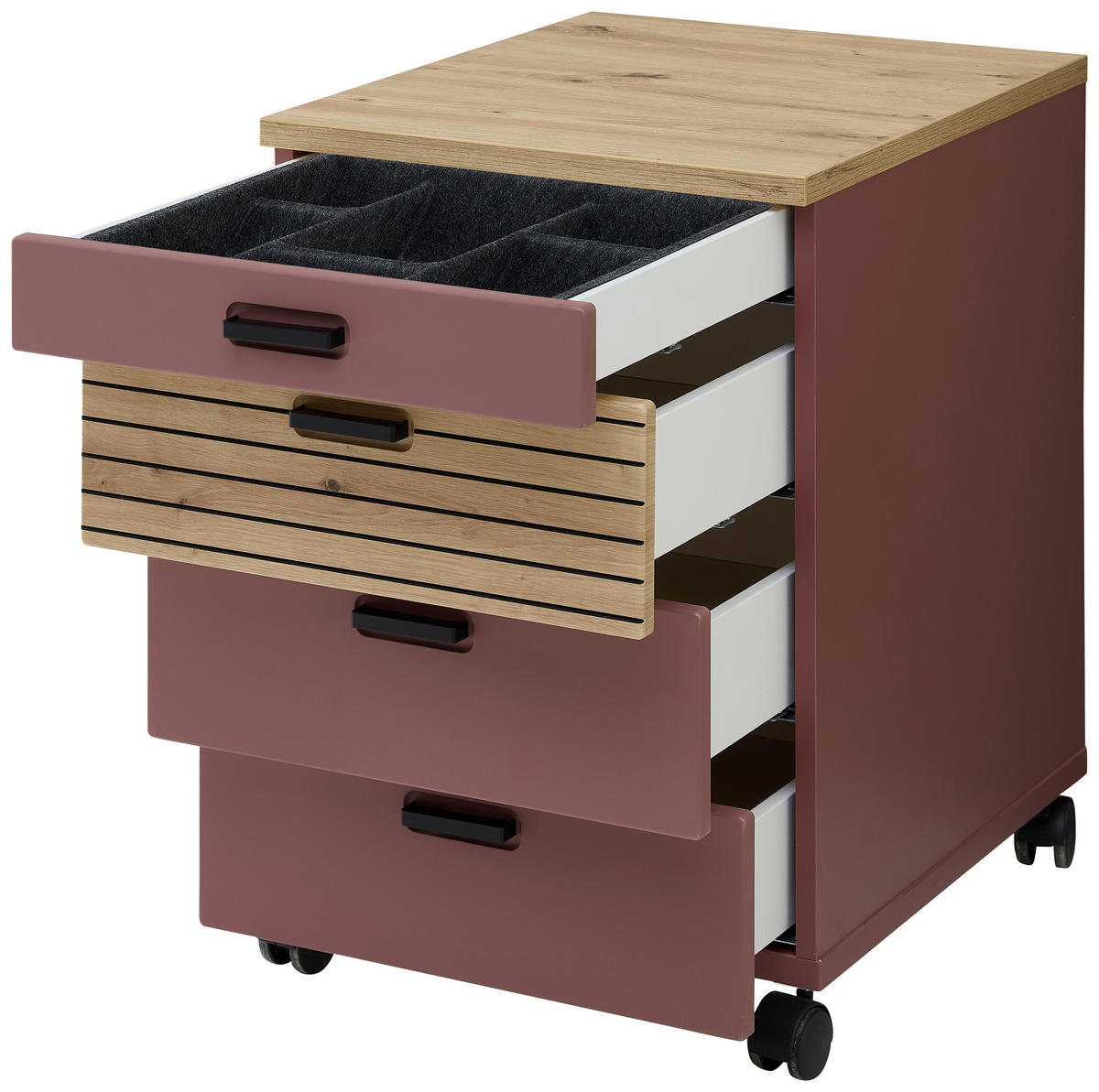 ROLLCONTAINER Rot, Eiche Artisan  - Rot/Schwarz, KONVENTIONELL, Holzwerkstoff/Kunststoff (45/66/55cm) - Stylife