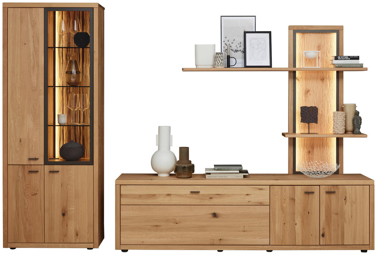 WOHNWAND  in Eichefarben 301/202/45 cm  - Dunkelgrau/Eichefarben, Design, Glas/Holz (301/202/45cm) - Valnatura
