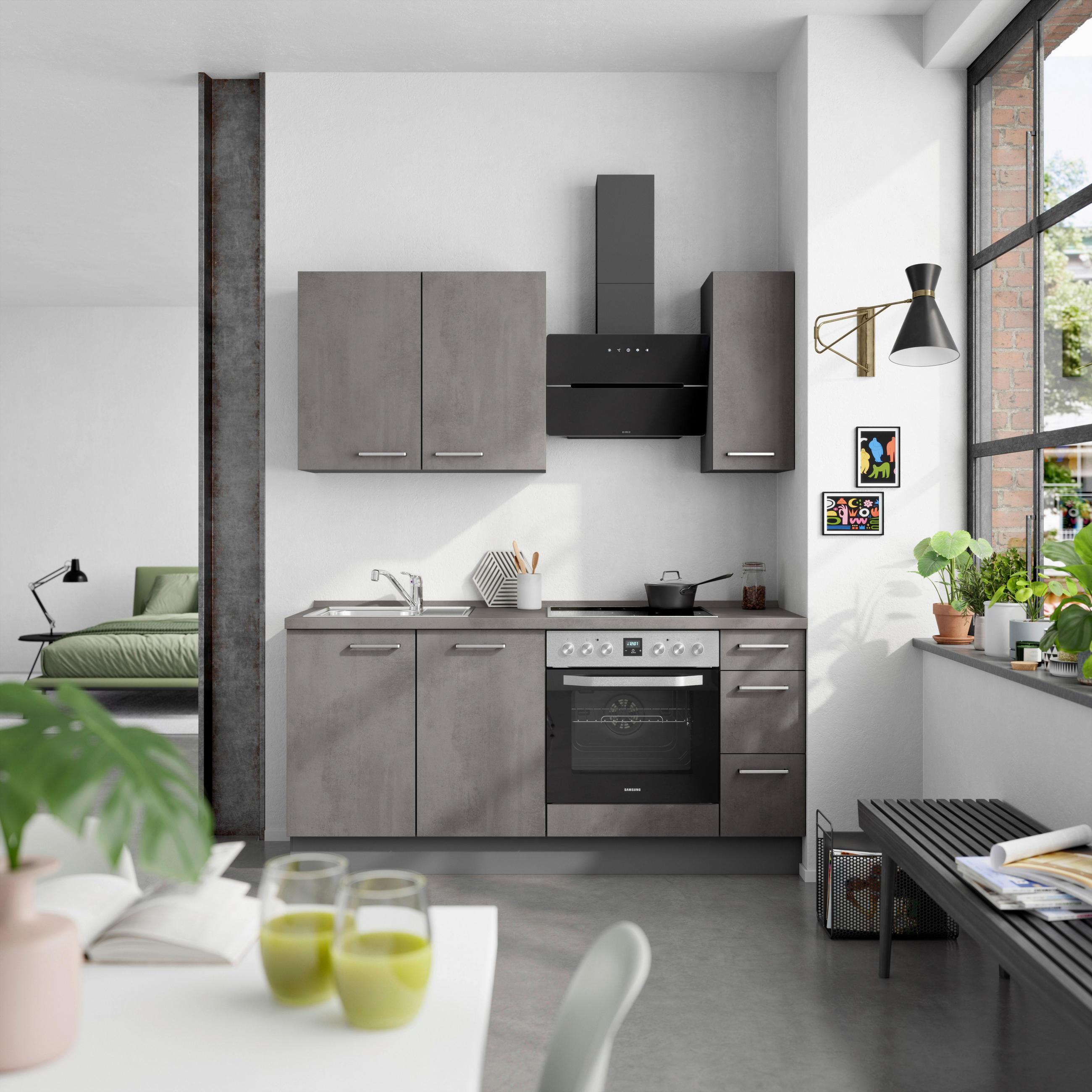 KÜCHENBLOCK Riva 180 cm  in Schieferfarben  - Schieferfarben/Edelstahlfarben, MODERN, Holzwerkstoff/Metall (180cm) - Nobilia