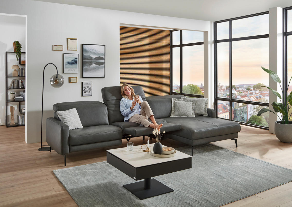 ECKSOFA  in Echtleder Anthrazit  323/179 cm  - Anthrazit/Schwarz, Design, Leder/Metall (323/179cm) - Dieter Knoll