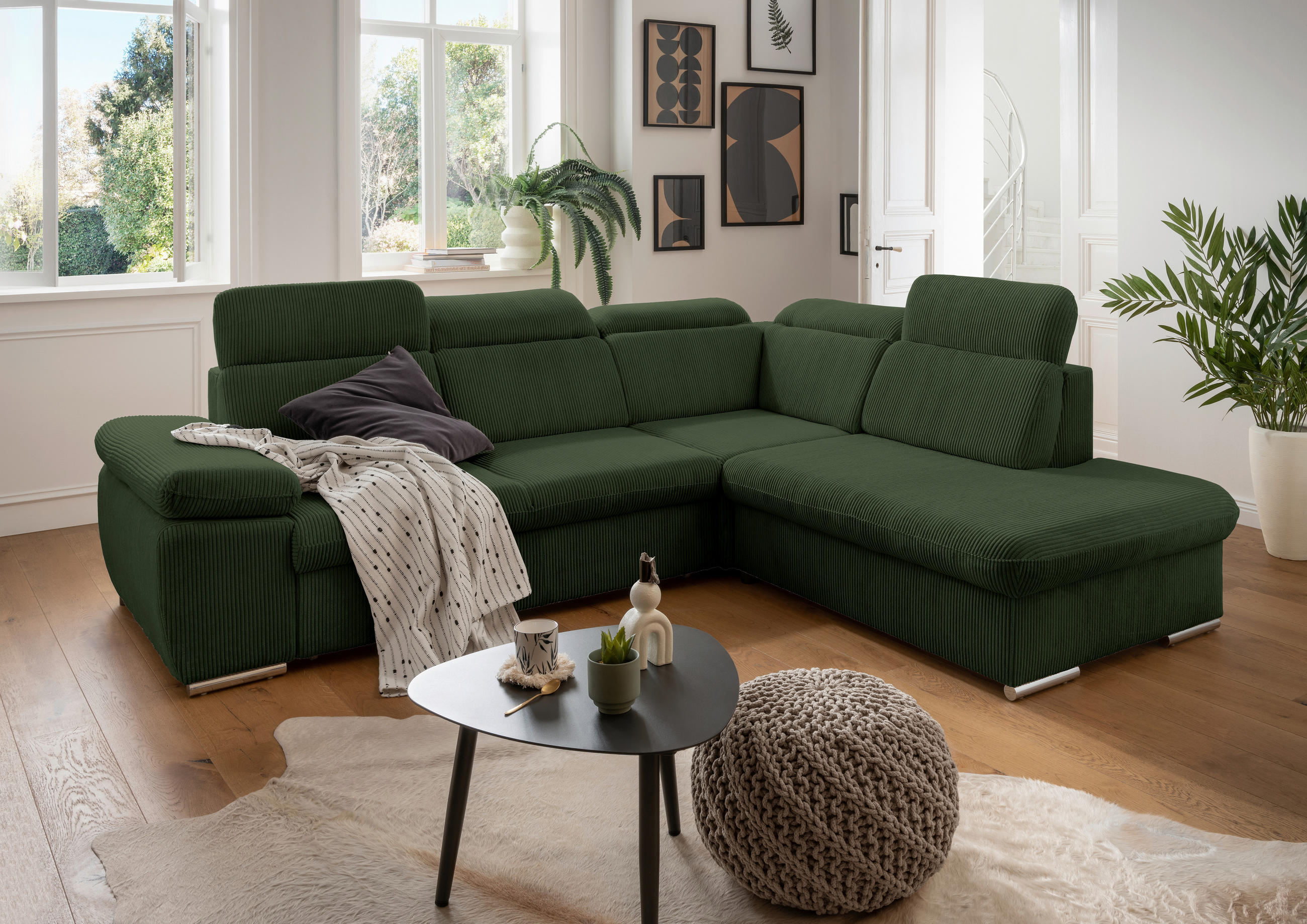 ECKSOFA Dunkelgrün Cord  - Chromfarben/Dunkelgrün, Design, Textil/Metall (283/228cm) - Livetastic