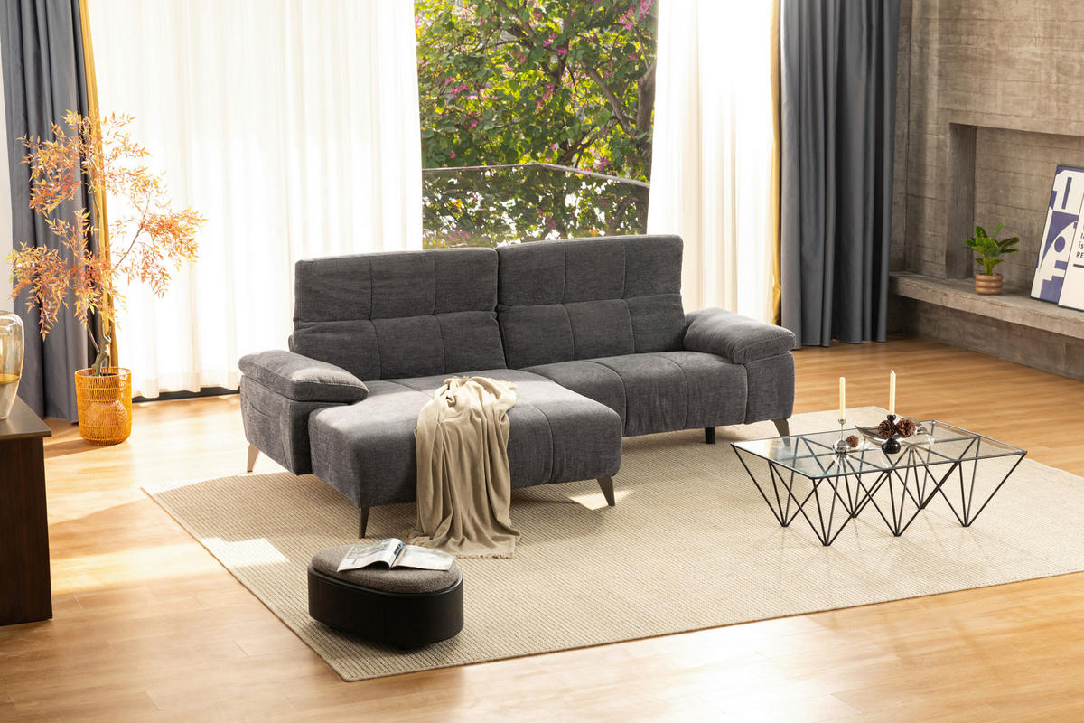 ECKSOFA Dunkelgrau Chenille  - Dunkelgrau/Silberfarben, Design, Textil/Metall (175/262cm) - Livetastic