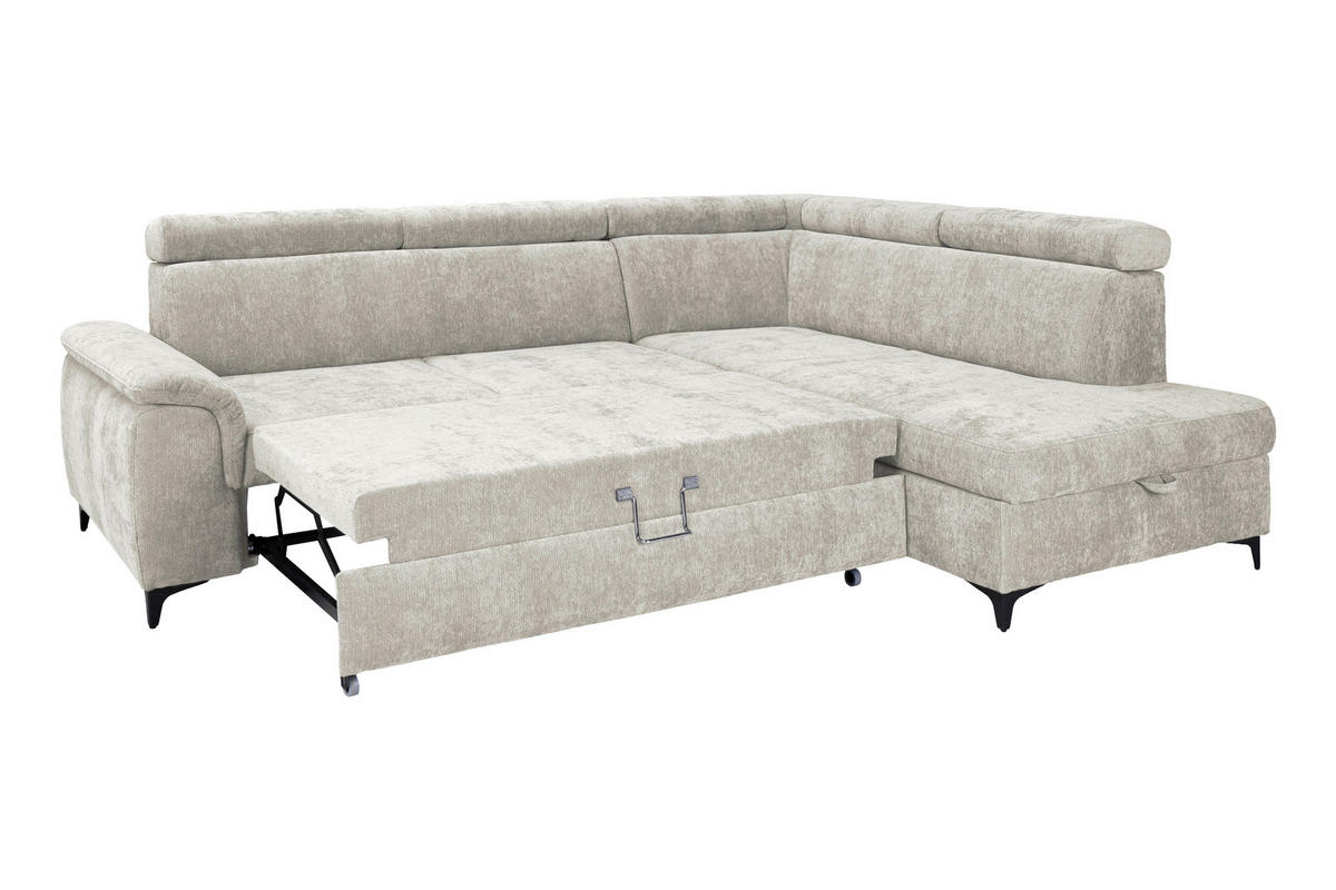 ECKSOFA Elfenbein Chenille Bettkasten, Schlaffunktion, Rücken echt, Kopfteilverstellung, Liegefläche im Originalstoff  - Elfenbein/Schwarz, KONVENTIONELL, Textil/Metall (265/206cm) - Carryhome