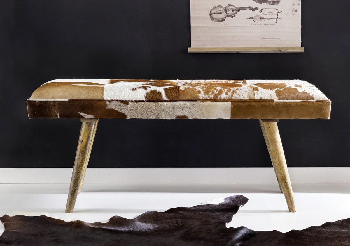 HOCKERBANK in Fell Braun, Weiss  - Weiss/Braun, Natur, Holz/Fell (120/52/40cm) - MID.YOU