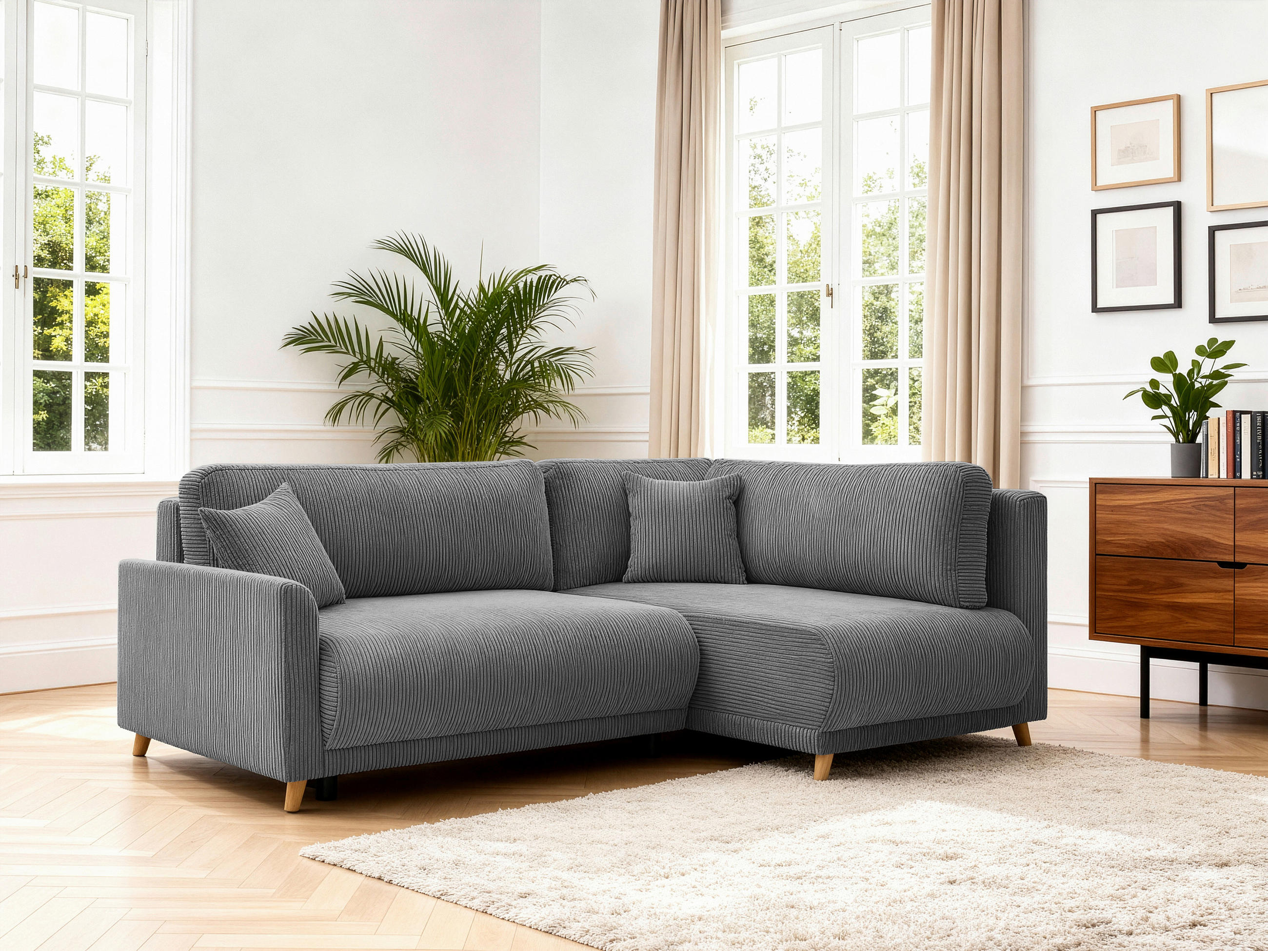 ECKSOFA MILOS Grau Cord Rückenkissen, Bettkasten, Schlaffunktion, Rücken echt  - Naturfarben/Grau, Design, Textil (224/148cm) - P & B