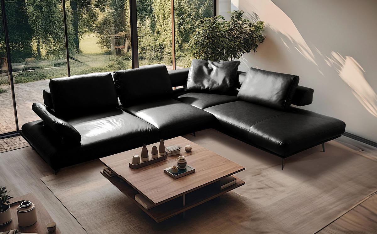 ECKSOFA  in Echtleder Schwarz  306/237 cm  - Schwarz/Grau, Design, Leder/Metall (306/237cm) - Livetastic