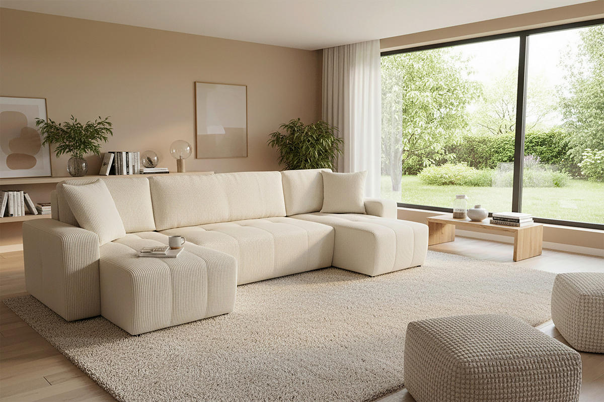 Wohnlandschaft inkl. Funktion Creme Cord  - Creme/Schwarz, KONVENTIONELL, Textil (146/317/146cm) - Xora