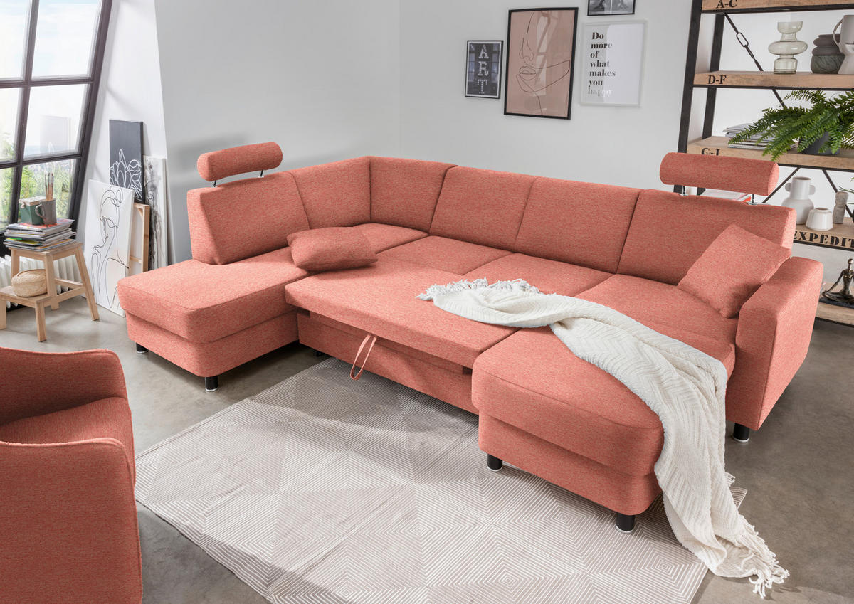 WOHNLANDSCHAFT in Webstoff Koralle  - Koralle/Schwarz, Design, Holz/Textil (198/296/165cm) - Xora