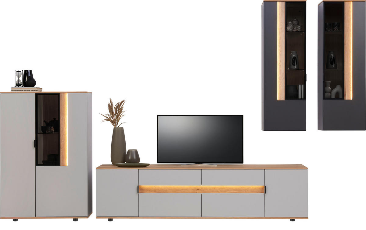 WOHNWAND 4-teilig  Anthrazit, Eichefarben, Hellgrau    - Eichefarben/Anthrazit, Design, Glas/Holz (384,4/206/48cm) - Dieter Knoll