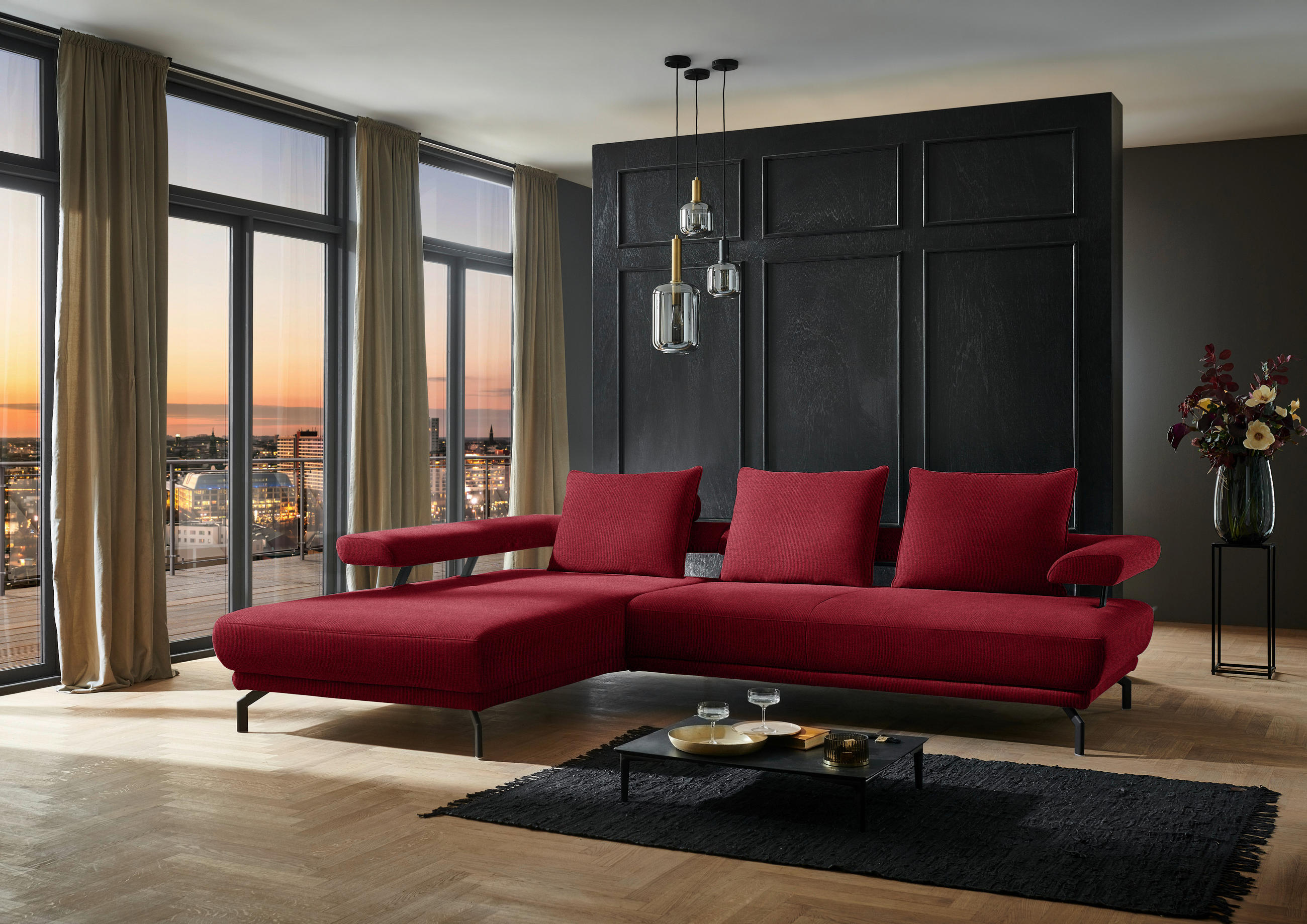 ECKSOFA in Chenille Rot  - Rot/Schwarz, Design, Textil/Metall (224/305cm) - Dieter Knoll