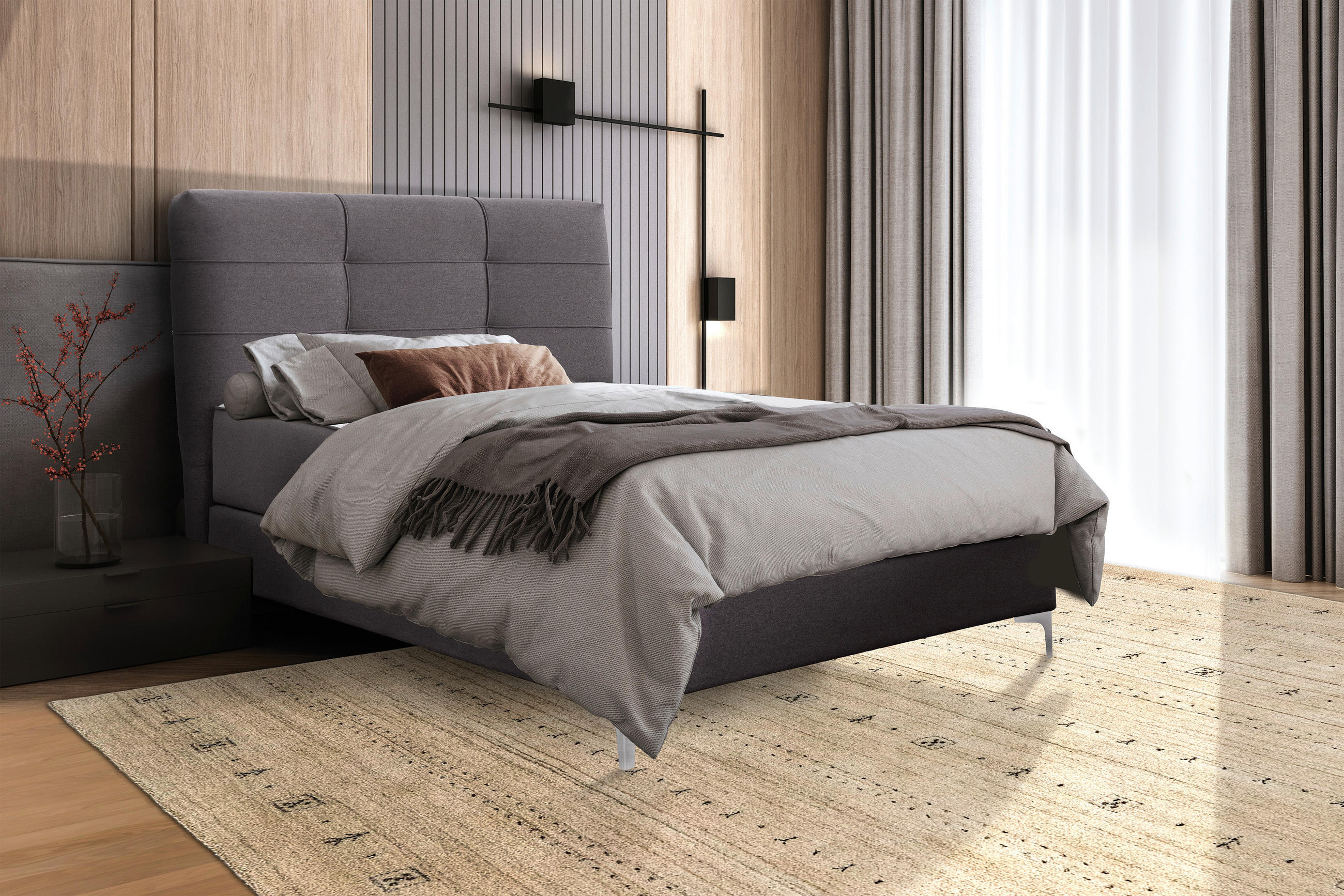 KÁRPITOZOTT ÁGY  szürkésbarna  - króm/szürkésbarna, Basics, faalapú anyag/textil (122/134/217cm) - Hom`in