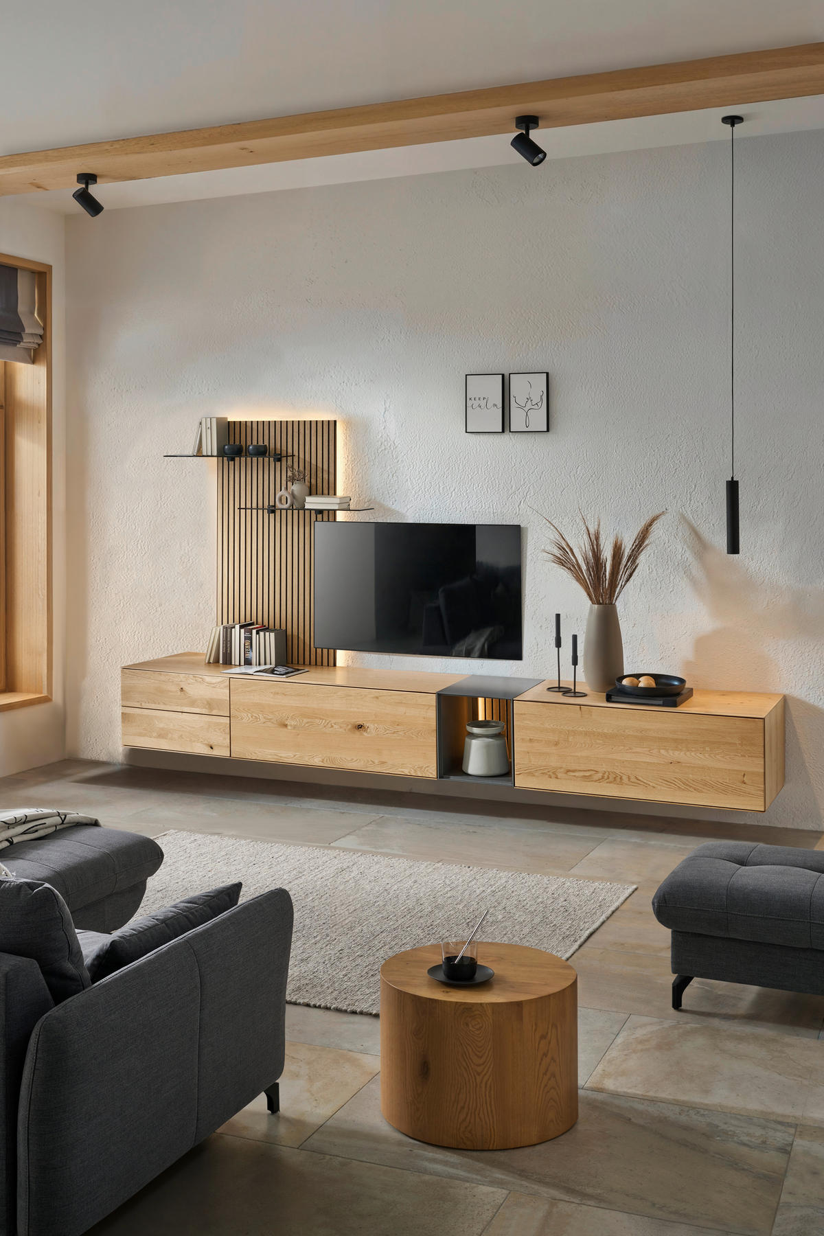 WOHNWAND  in Anthrazit, Eichefarben  342/160/50 cm  - Eichefarben/Anthrazit, Design, Glas/Holz (342/160/50cm) - Dieter Knoll