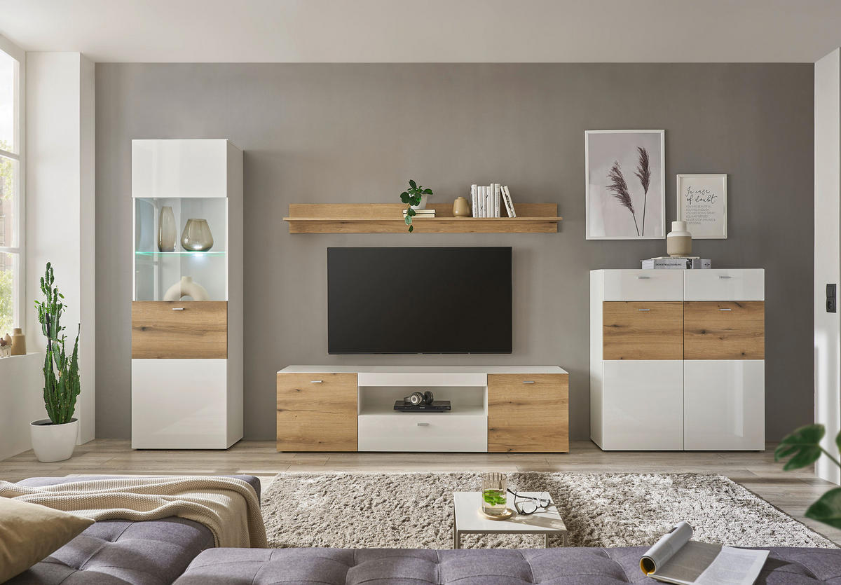 REGAL ZA DNEVNI BORAVAK bijela, boje hrasta, bijela visoki sjaj   - bijela/srebrne boje, Design, staklo/drvni materijal (310/195/40cm) - Carryhome