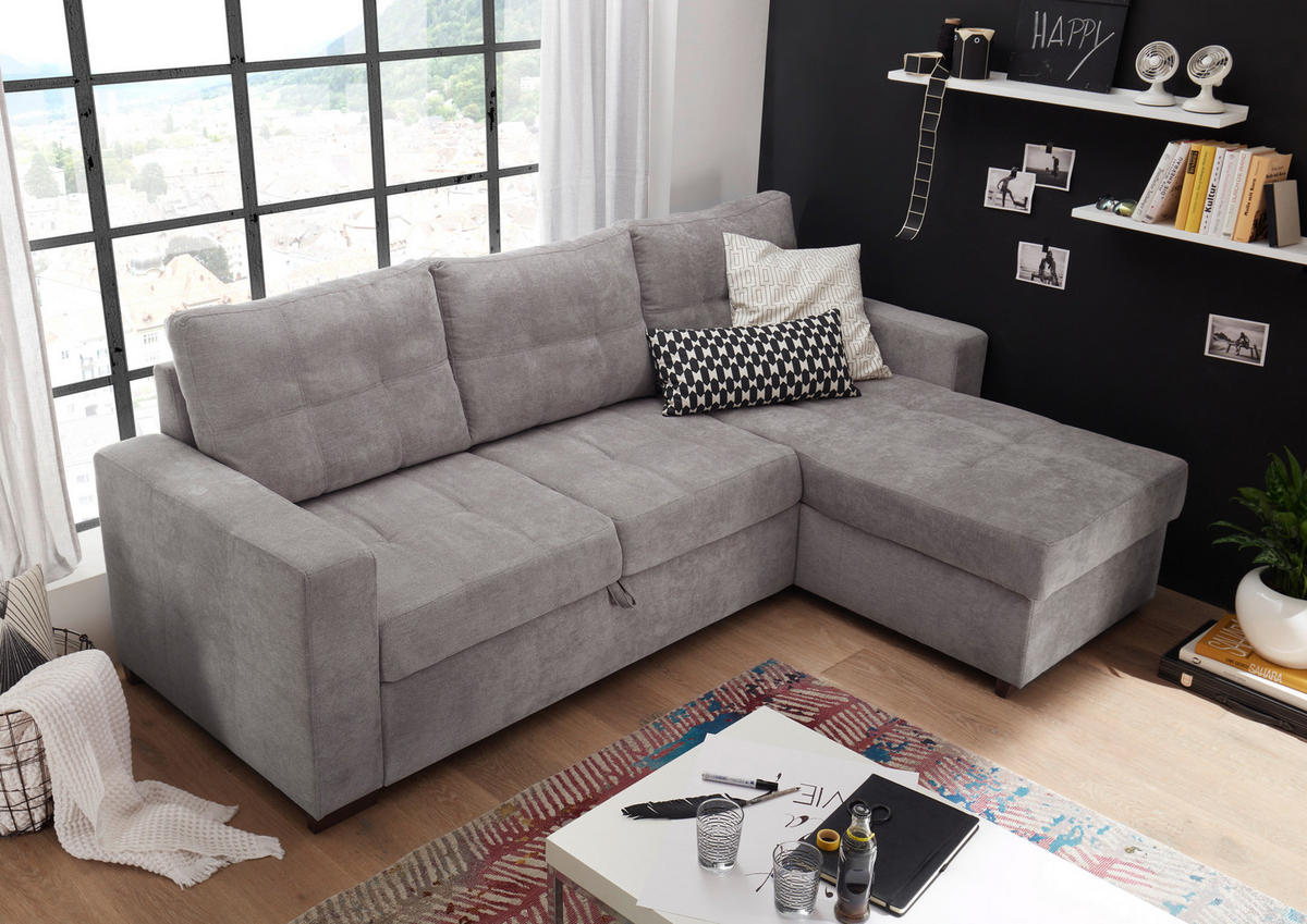 ECKSOFA Hellgrau Mikrovelours  - Hellgrau/Schwarz, Basics, Kunststoff/Textil (230/154cm) - MID.YOU