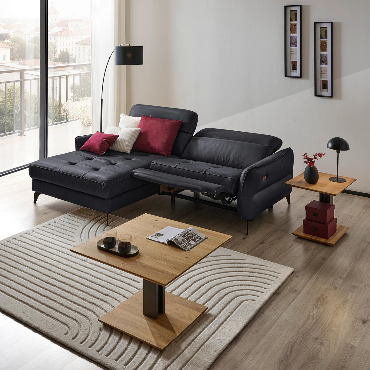 ECKSOFA inkl. Funktion Schwarz Echtleder  - Schwarz, Design, Leder/Metall (175/246cm) - Celina Home