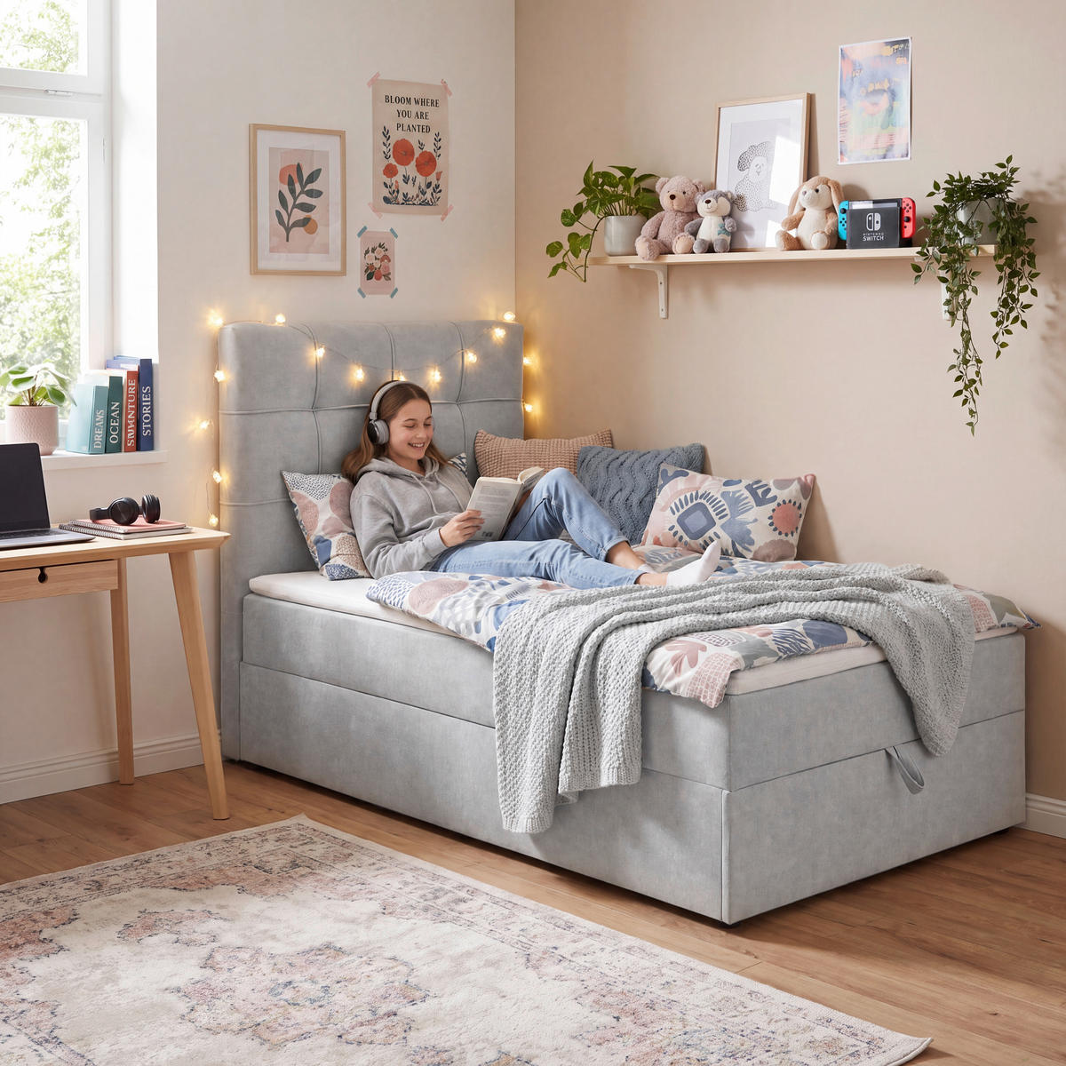 BOXBETT 100/200 cm,  in Hellgrau, Matratze, gepolstertes Kopfteil, Bettkasten, Topper, H3 = fest  - Hellgrau/Schwarz, Basics, Kunststoff/Textil (100/200cm) - Chameo