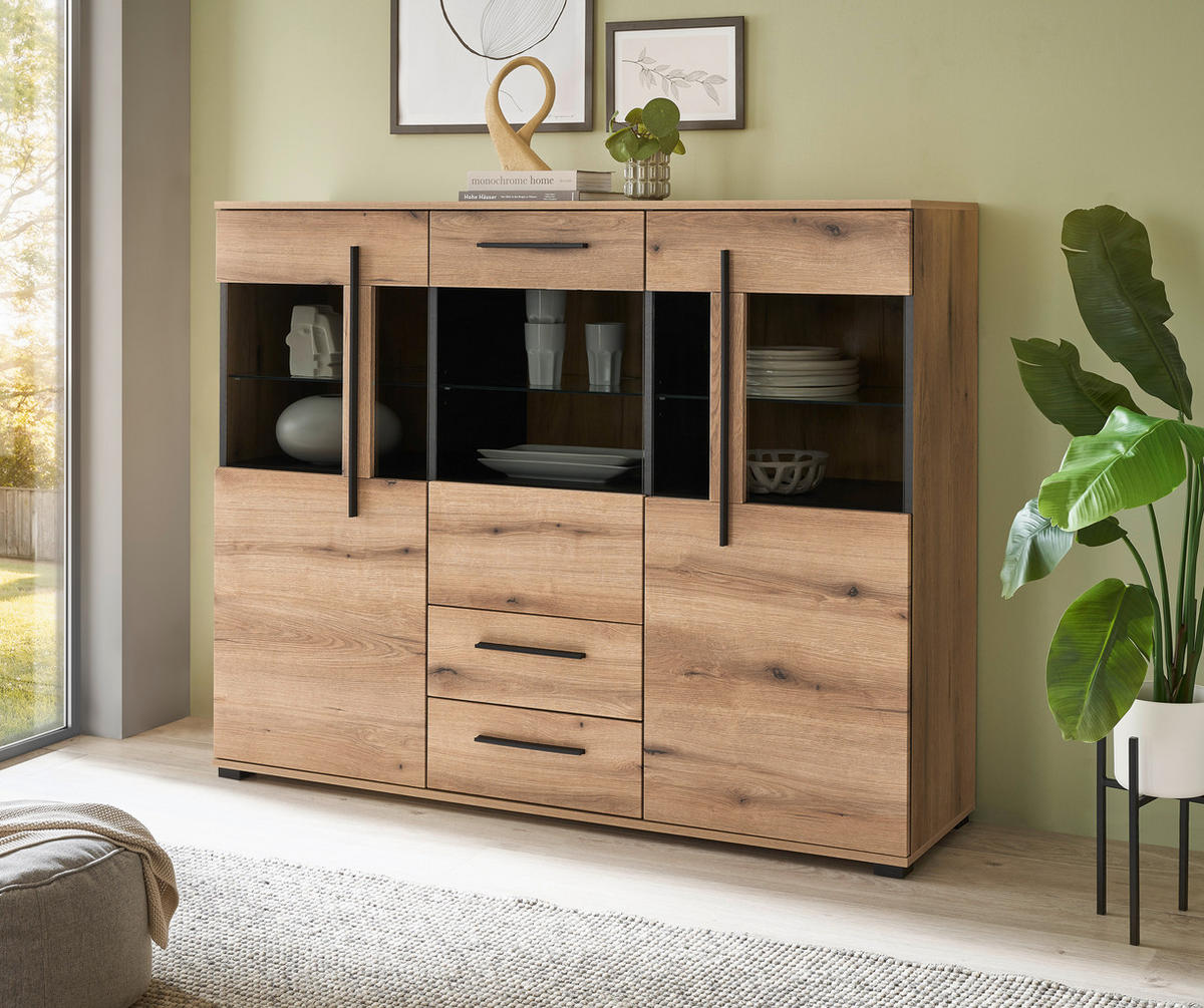 HIGHBOARD  160/126/42 cm 2 Schublade(n)  - Eichefarben/Schwarz, Design, Glas/Holzwerkstoff (160/126/42cm) - Livetastic
