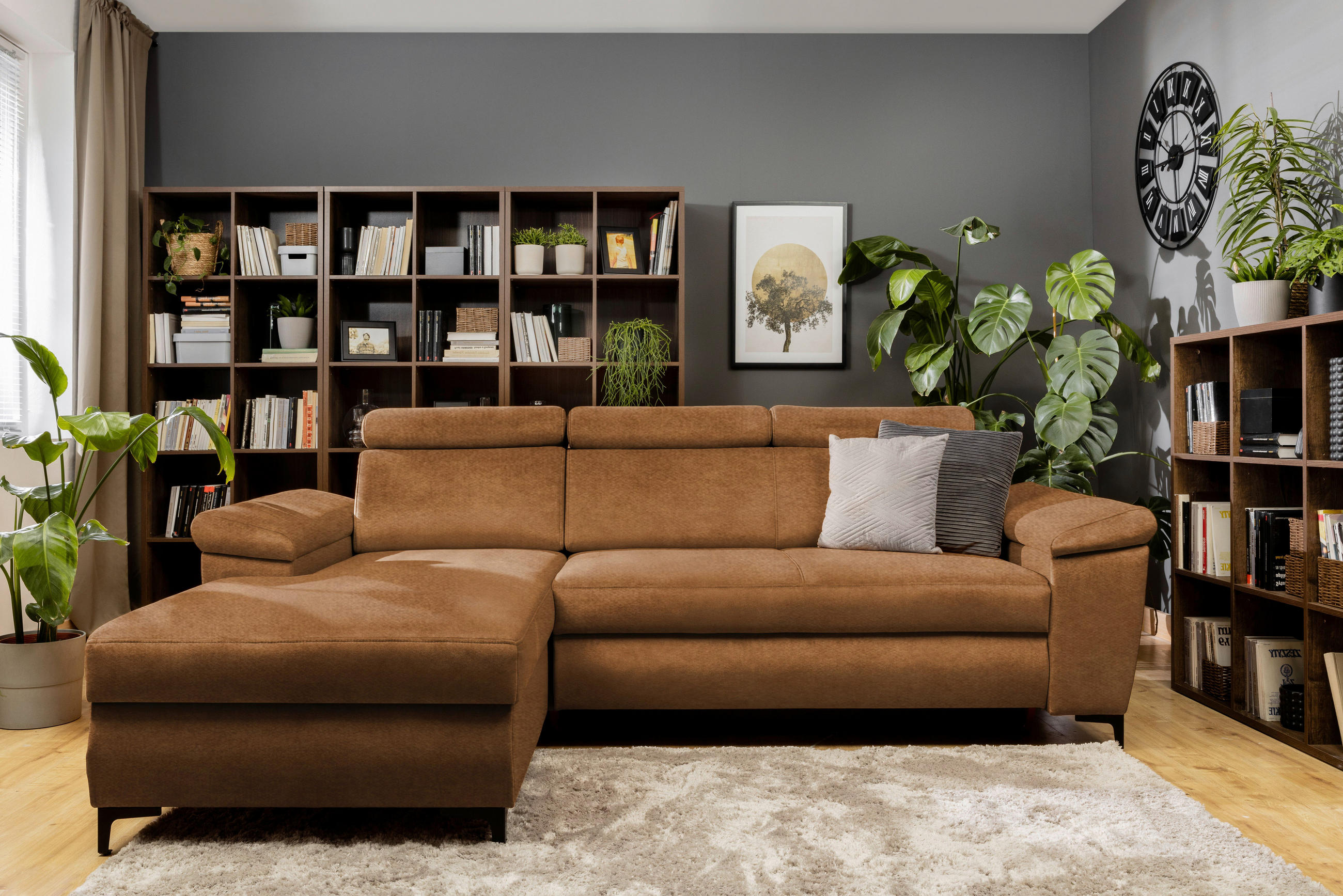 ECKSOFA in Velours Bernsteinfarben  - Bernsteinfarben/Schwarz, Modern, Textil/Metall (176/258cm) - MID.YOU