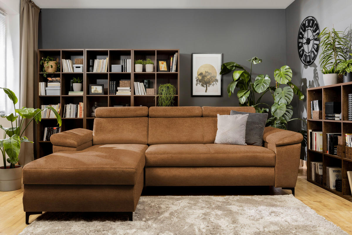 ECKSOFA in Velours Bernsteinfarben  - Bernsteinfarben/Schwarz, Modern, Textil/Metall (176/258cm) - MID.YOU