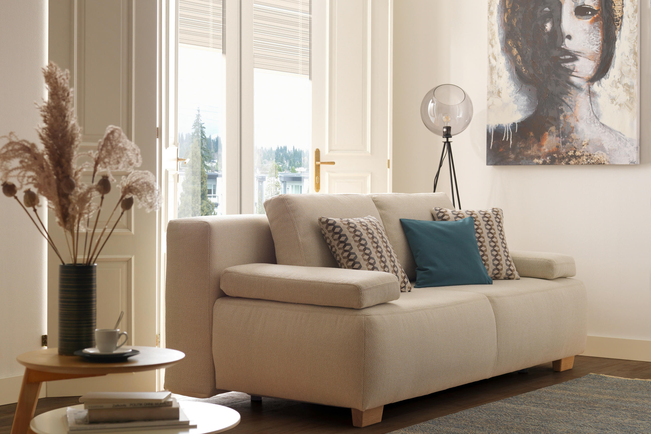 BOXSPRINGSOFA in Webstoff Creme  - Creme/Naturfarben, MODERN, Holz/Textil (205/93/108cm) - Venda
