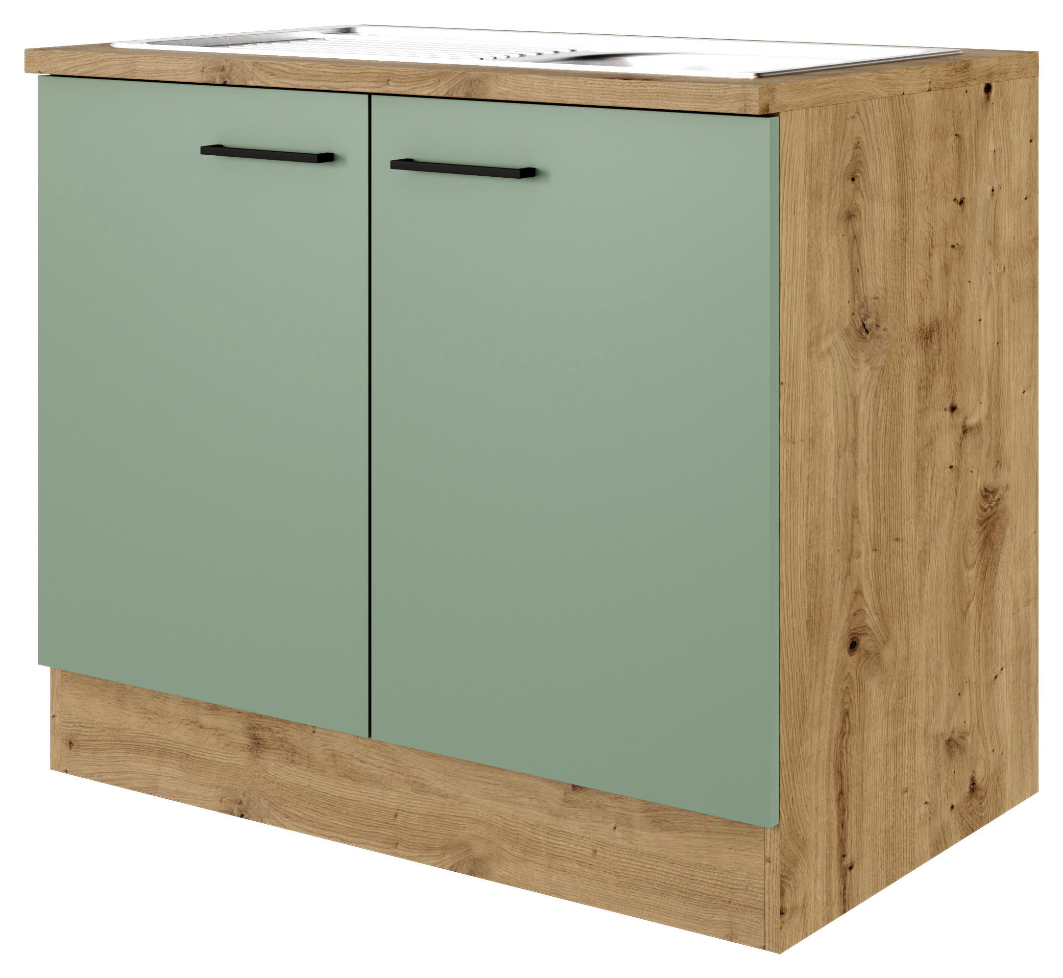 FlexWell Spülenunterschrank Eiche Artisan, Schilfgrün 100x85x57 cm